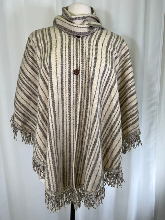 70s Cream and Grey Striped Round Wool Cape Poncho