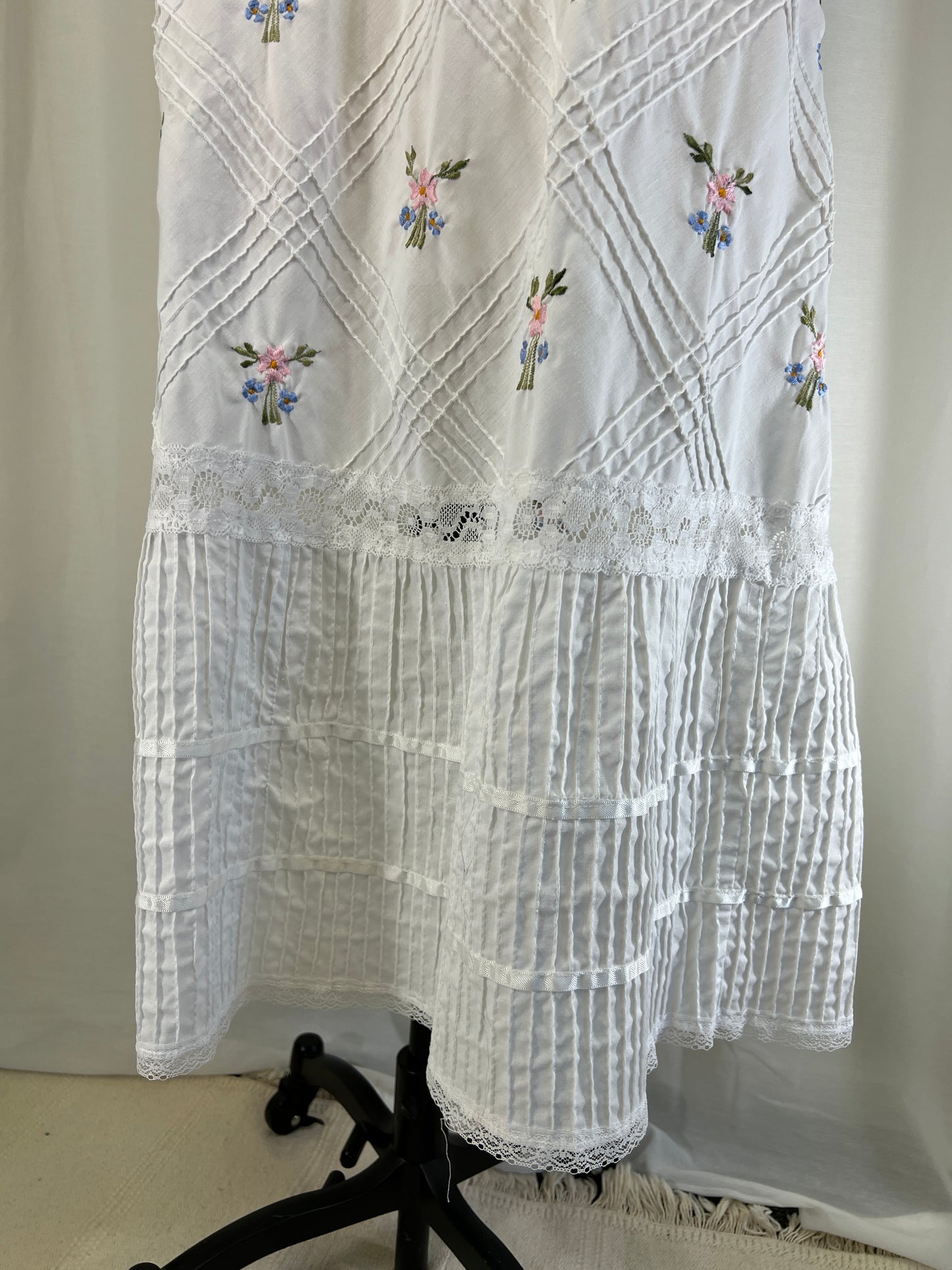 70s Floral Embroidery and Pintucks White Sundress