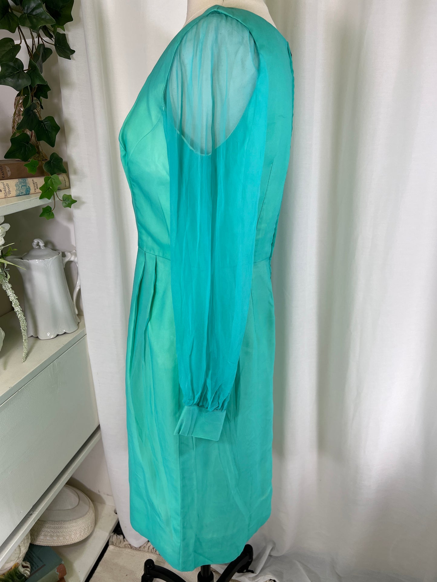 60s Aqua Sheer Sleeved Mini Party Dress