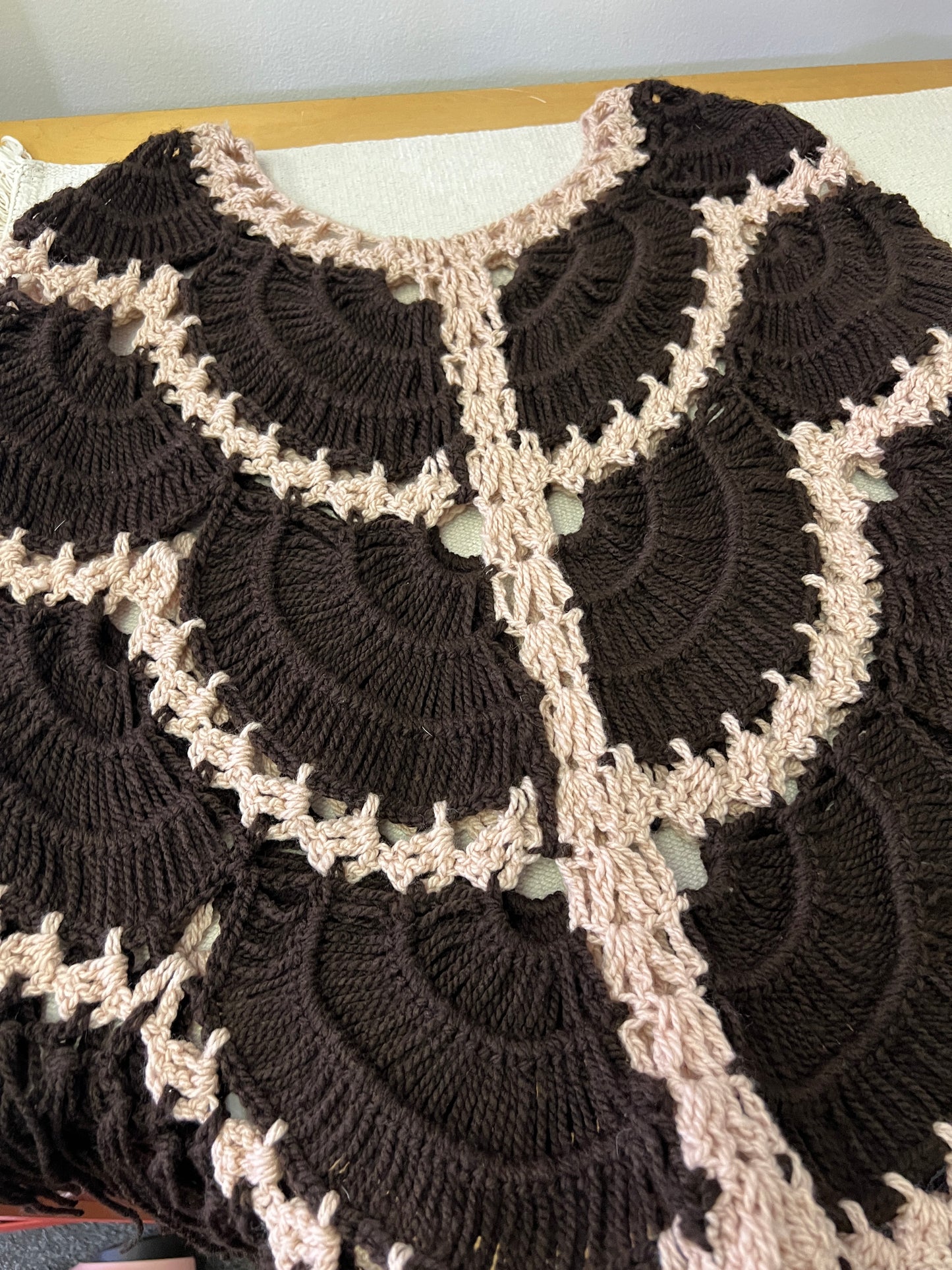 70s Cream and Brown Crochet Fringed Poncho