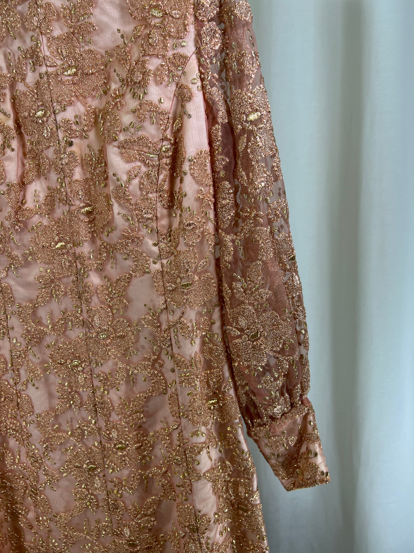 60s Handmade Pink and Gold Lamé Floral Embroidered Maxi Gown