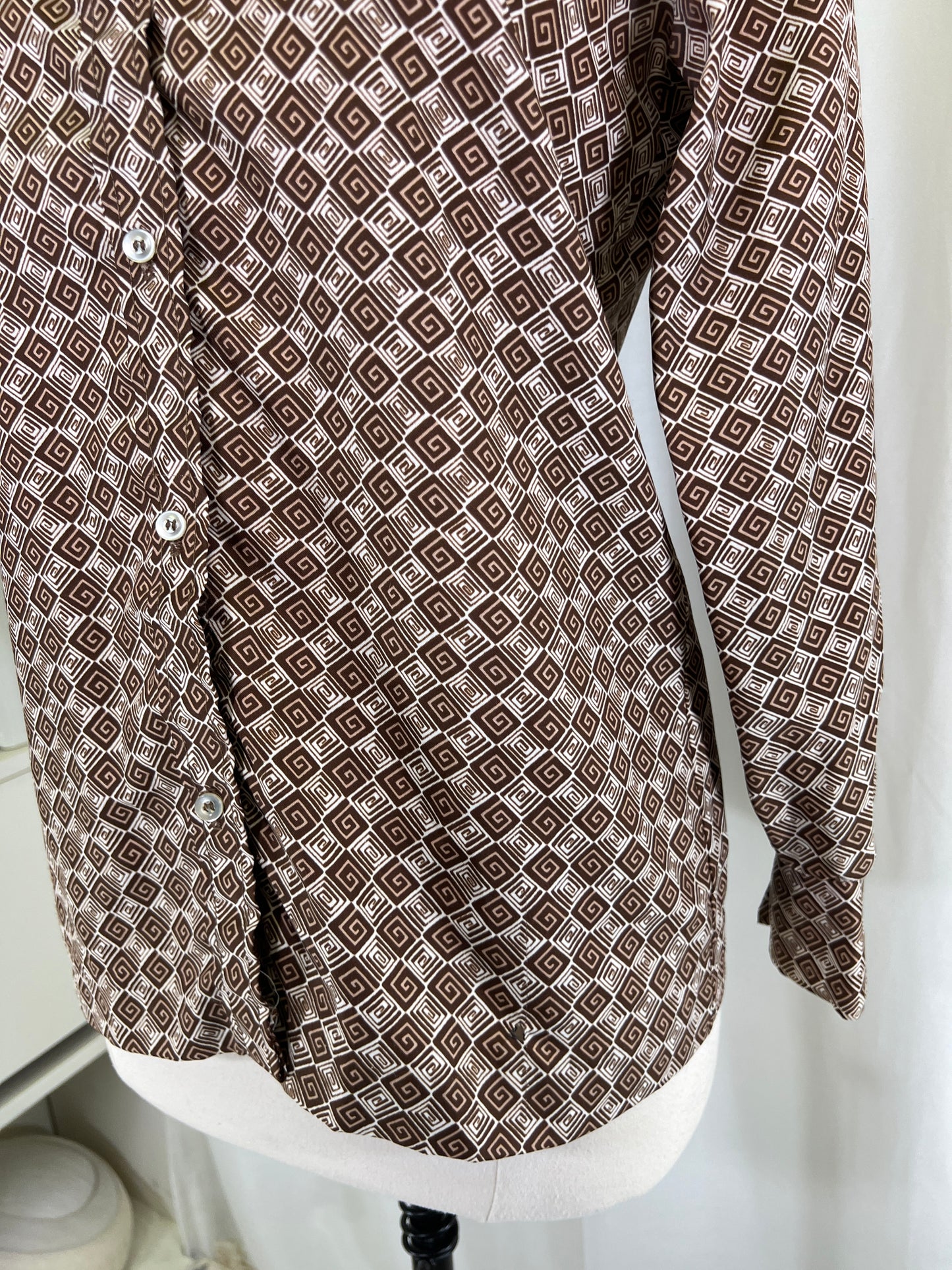 70s Koret of California Brown and White Spirals Dagger Collar Blouse