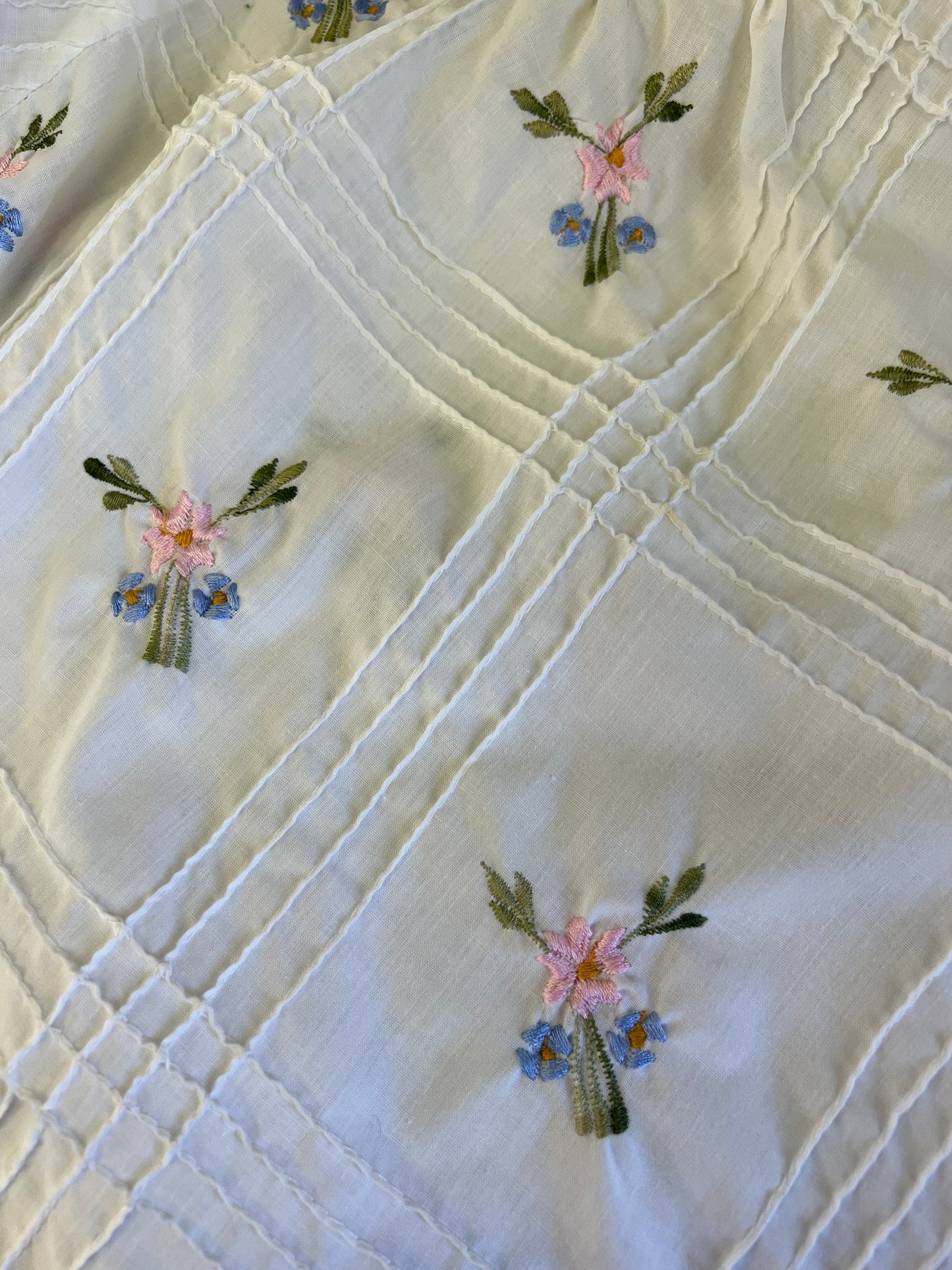 70s Floral Embroidery and Pintucks White Sundress