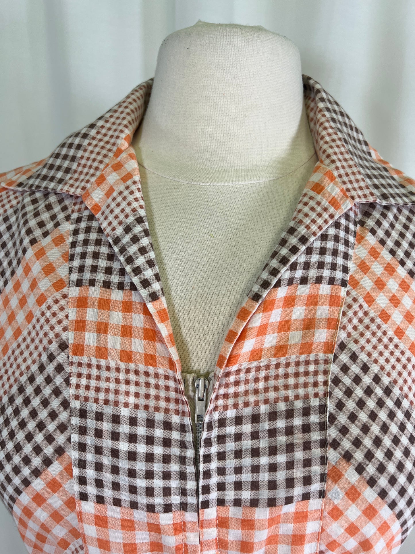 60s Brown and Orange Gingham Chevron House Dress