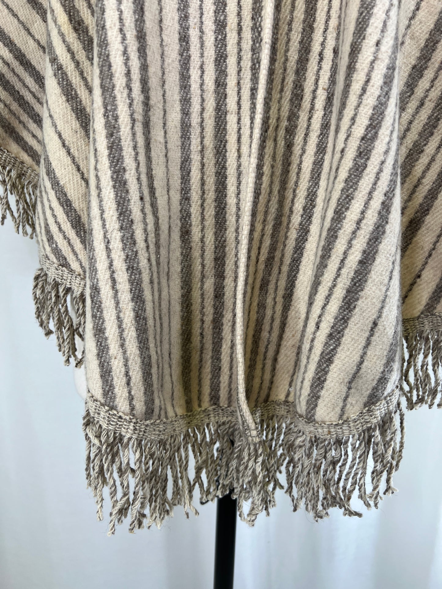 70s Cream and Grey Striped Round Wool Cape Poncho