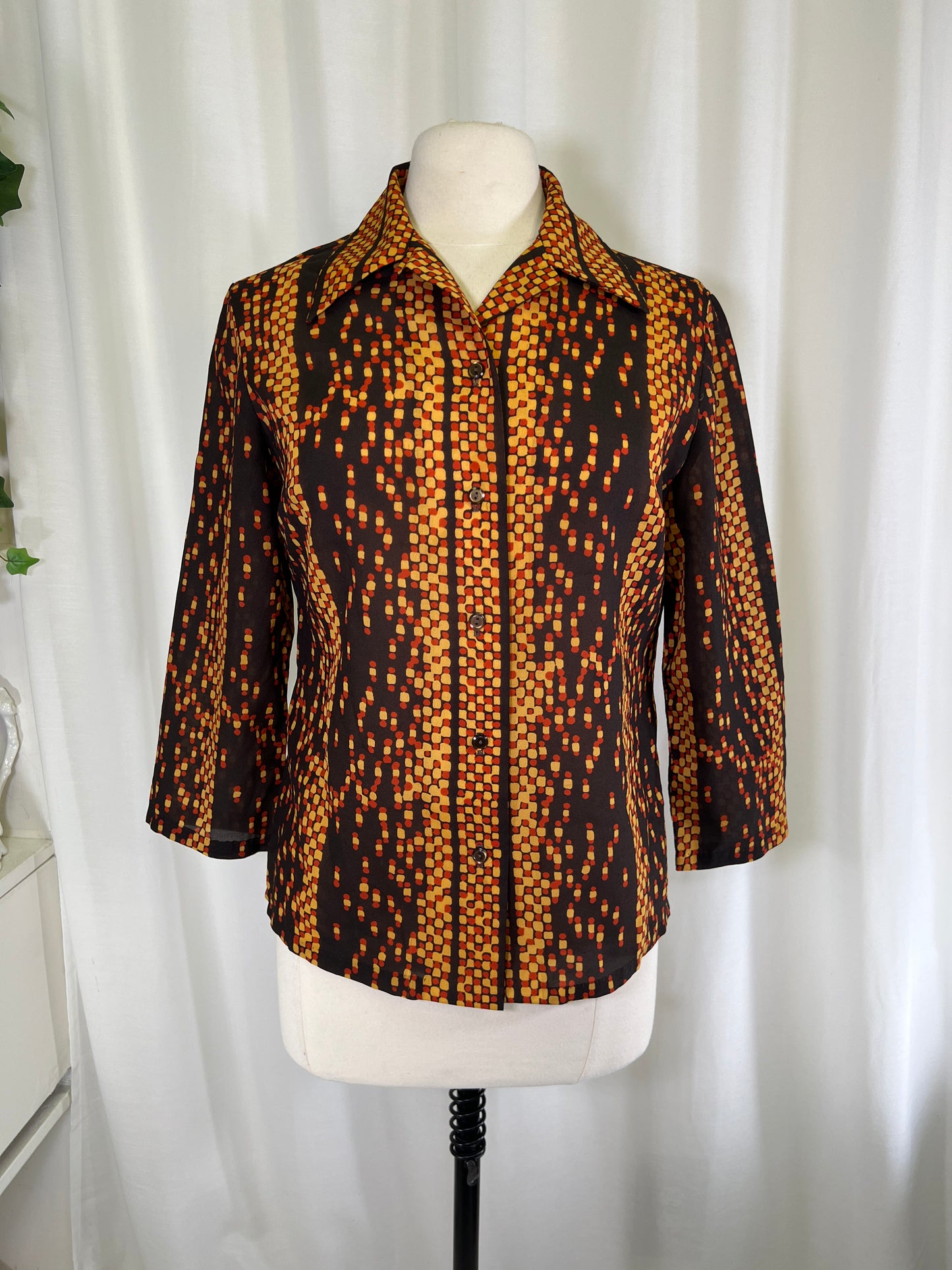 70s Alex Colman Abstract Brown and Orange Dagger Collar Blouse