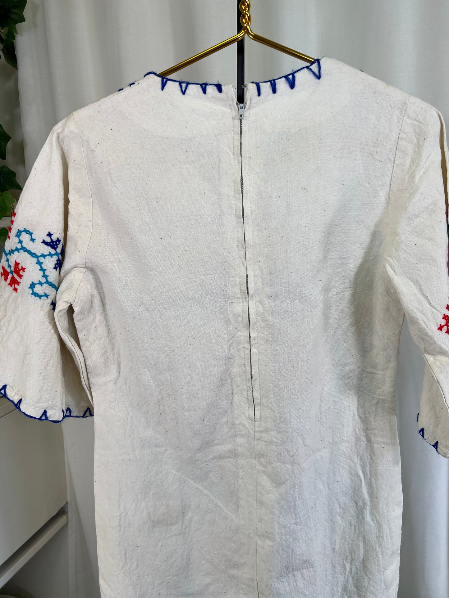60s Red White and Blue Cross-stitched Bell Sleeved Dress