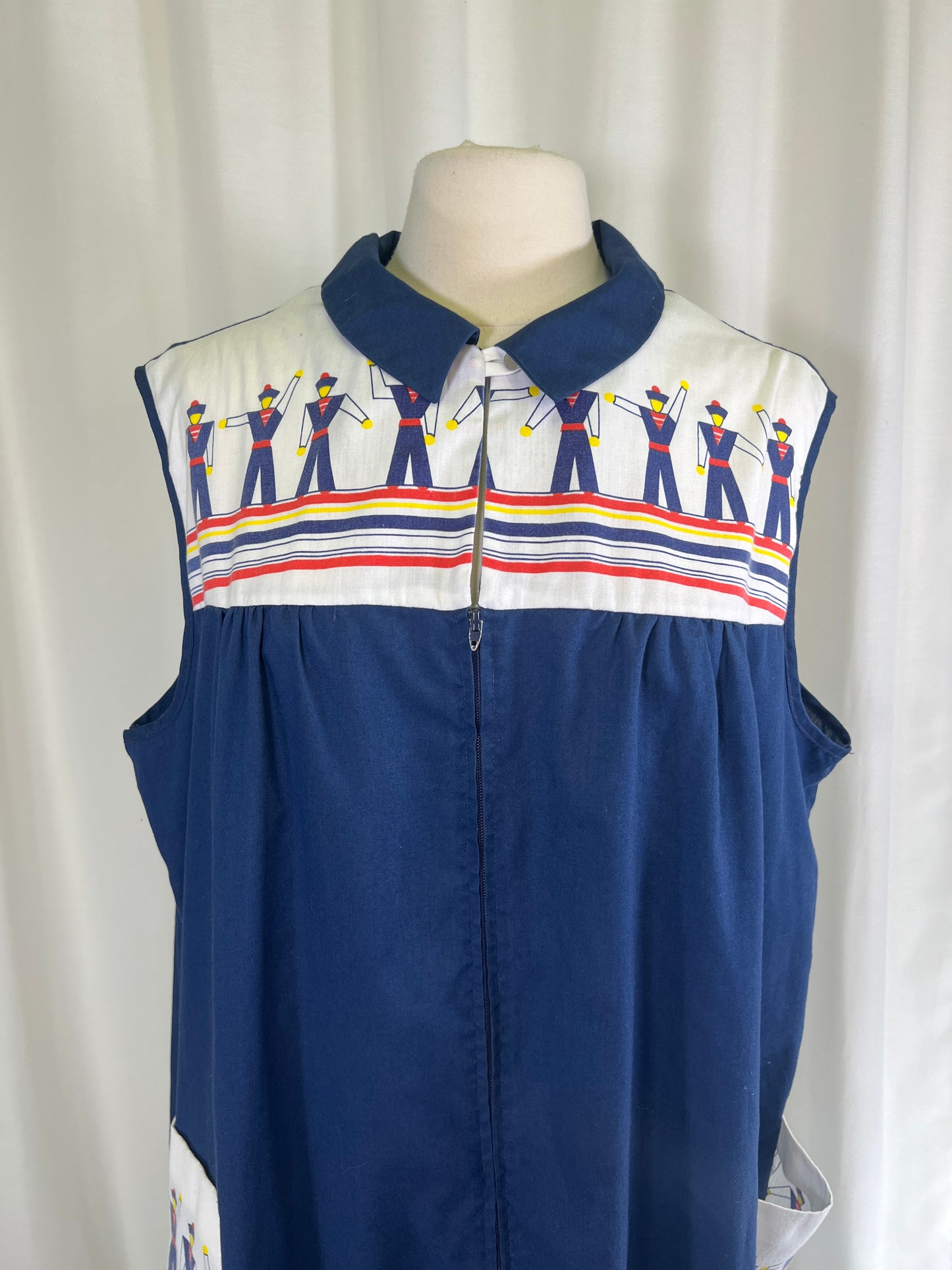 70s Navy Blue Sailor Print Zipper Front House Dress