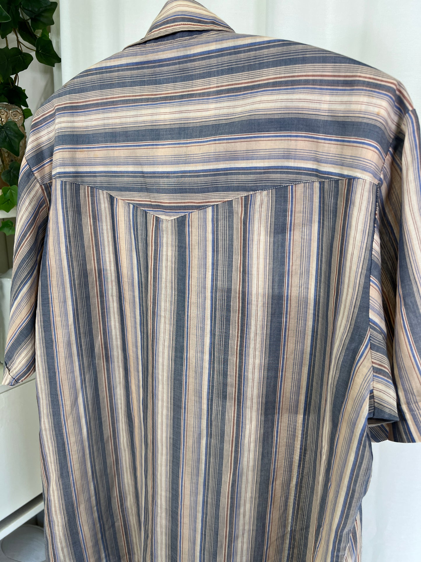 80s Ely Cattleman Brown and Blue Striped Pearl Snap Western Shirt