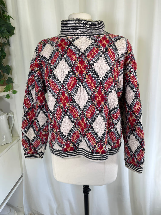 90s Express Tricot Raime Cotton Blend Red and Cream Diamond Print Sweater