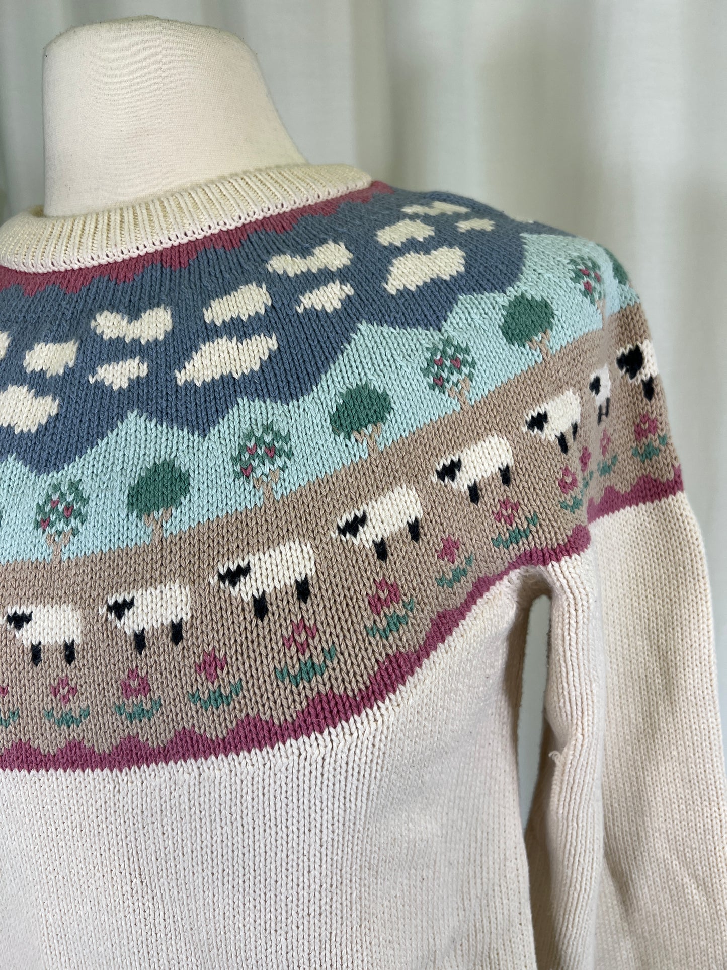 90s Eddie Bauer Sheep and Trees patterned Cream Sweater