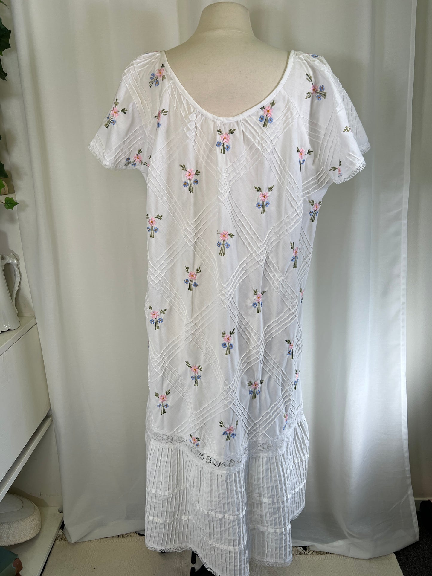 70s Floral Embroidery and Pintucks White Sundress