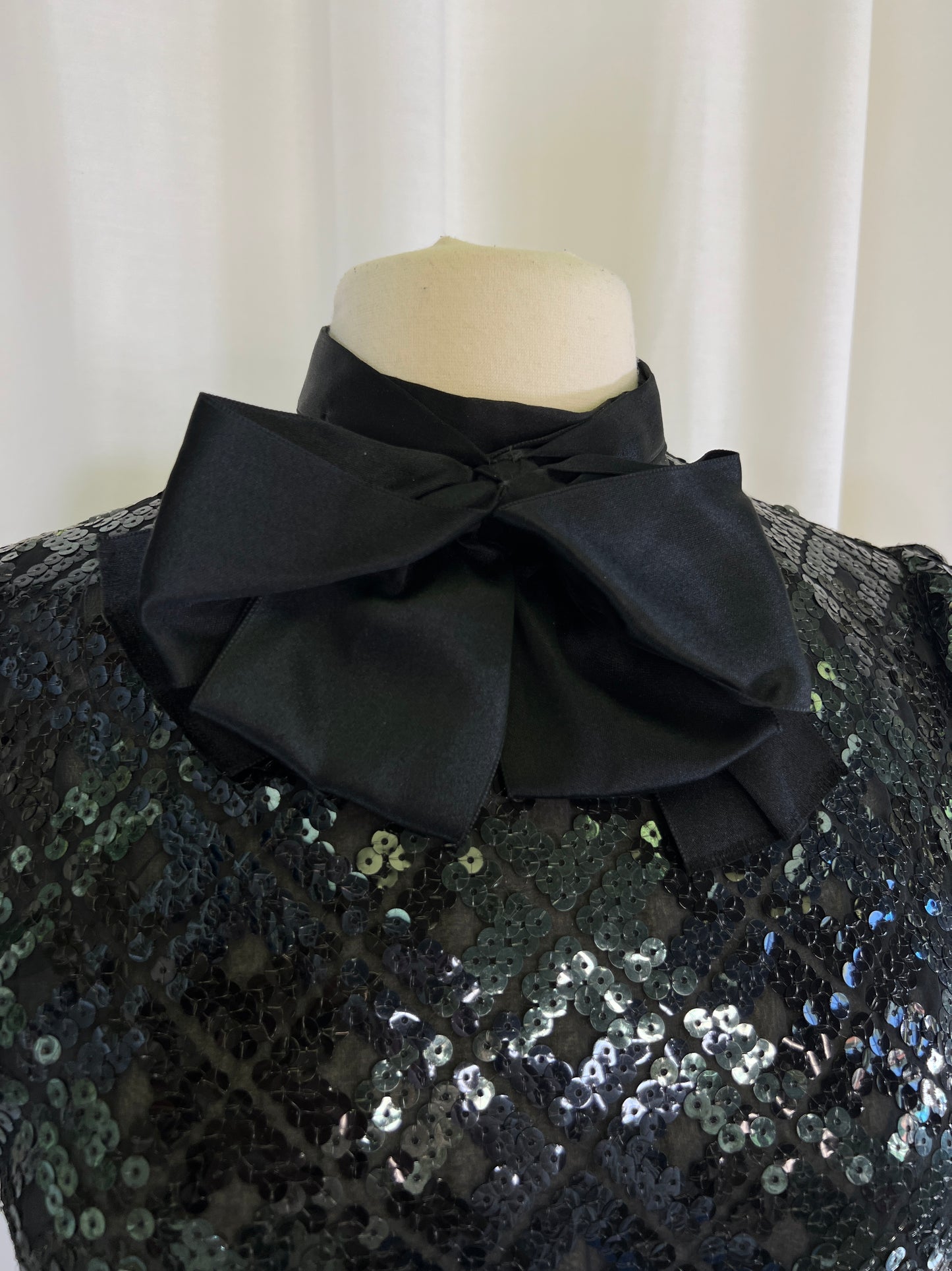 70s Amelia Gray Black Sequined Sheer Bow Neck Midi Dress