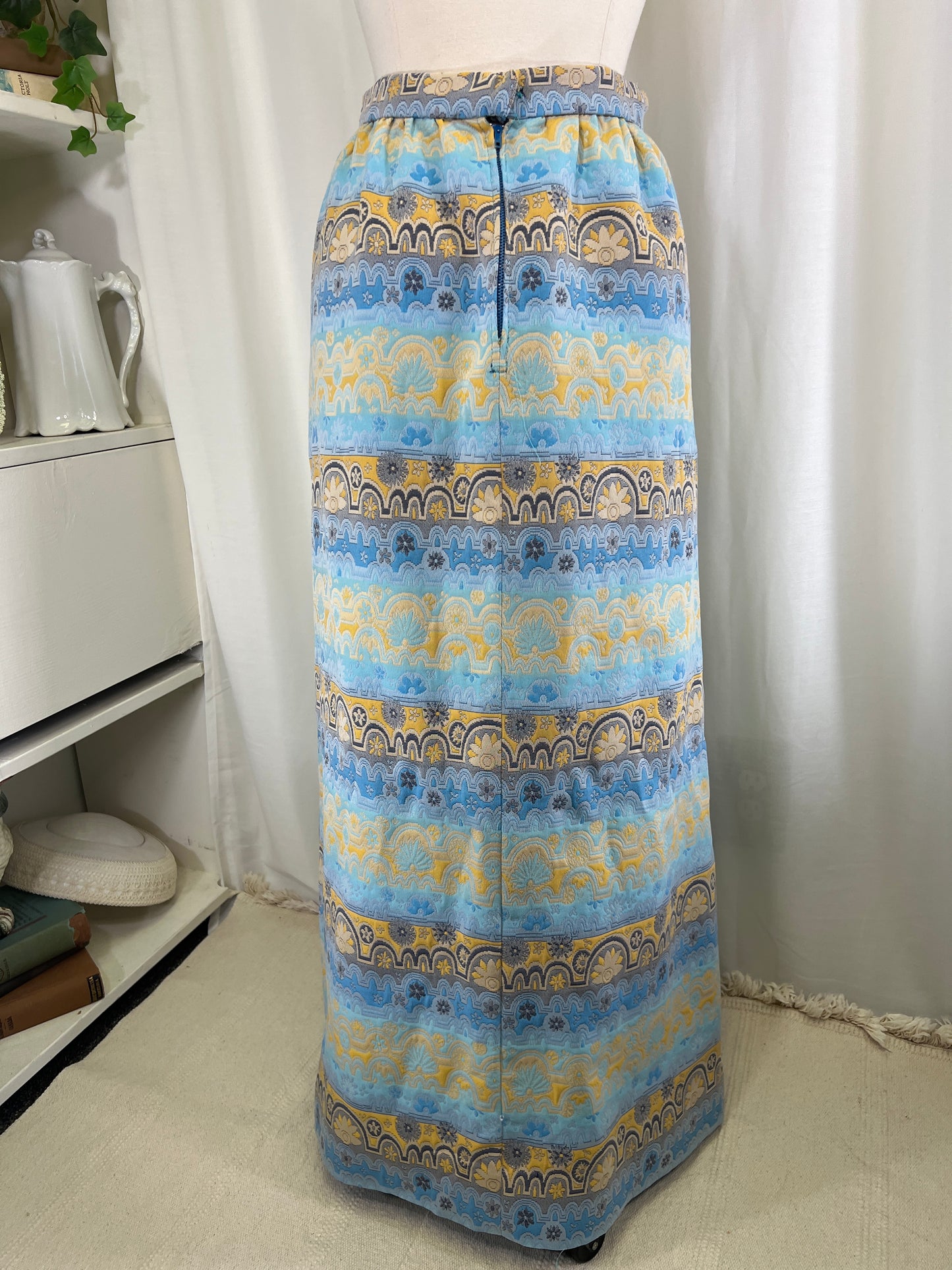 60s Blue and Yellow Abstract Sunny Floral Maxi Skirt