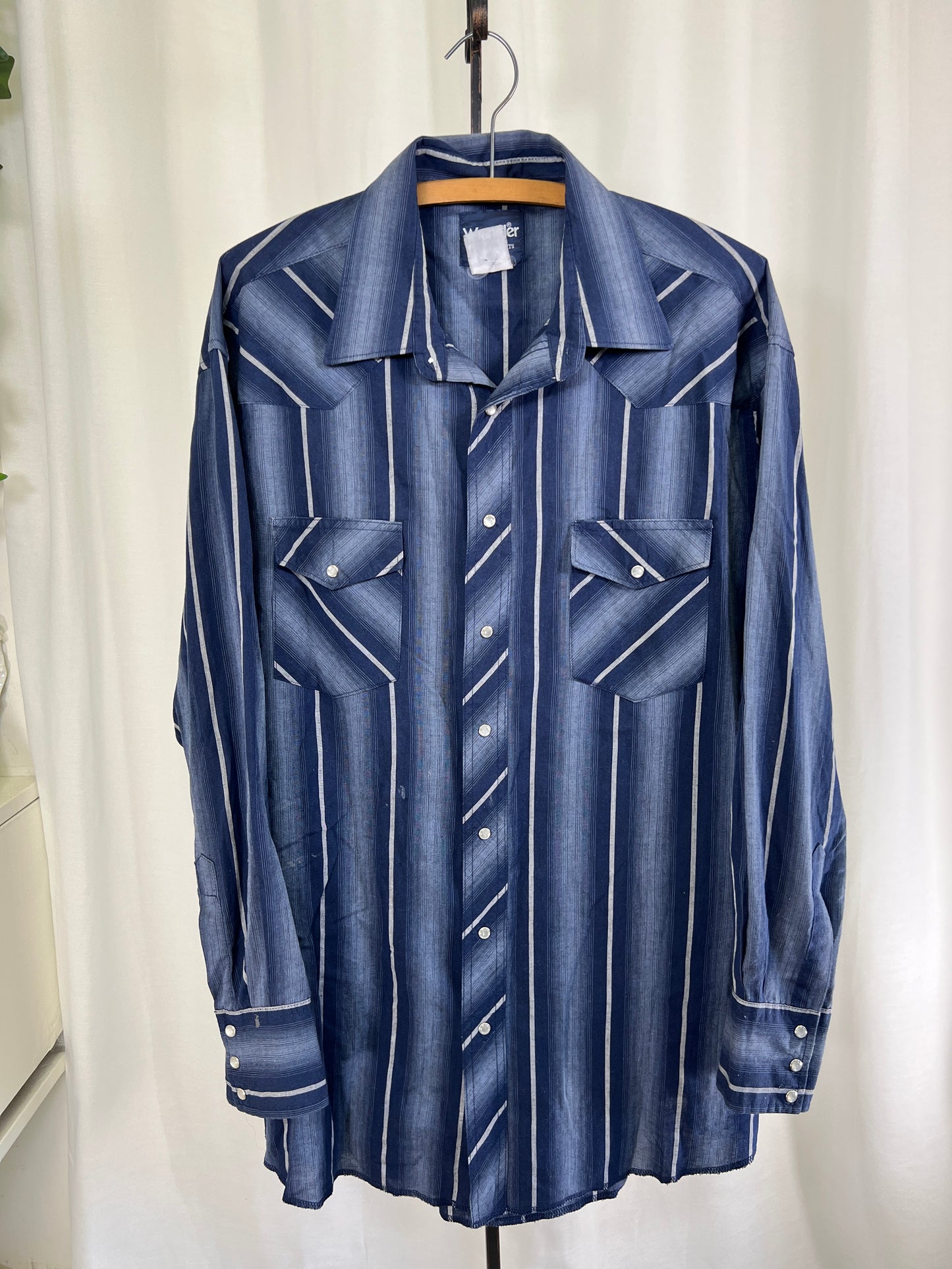 80s Wrangler Blue Striped Pearl Snap Shirt