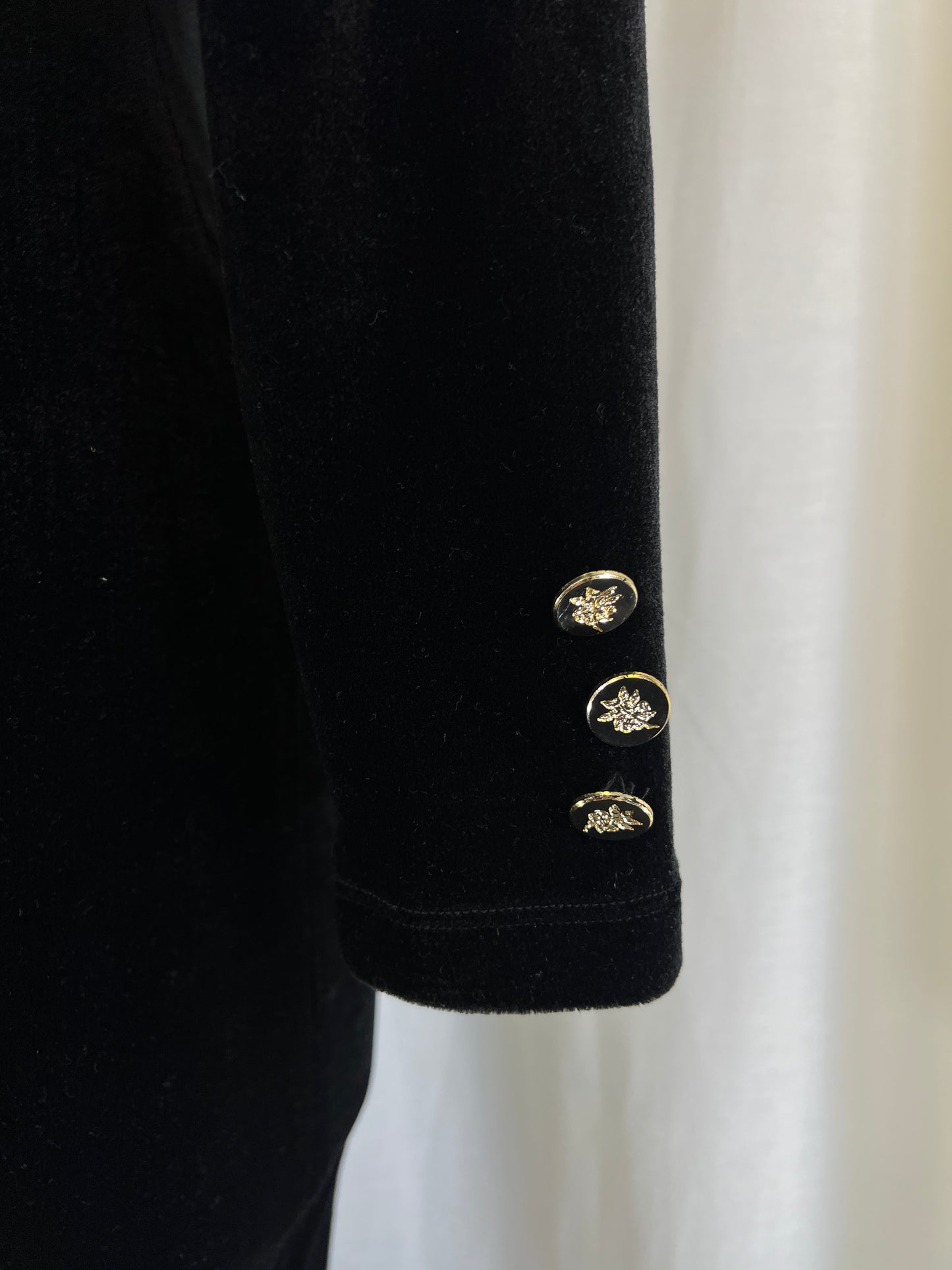 80s Sabrina International Black Velvet Bodycon Dress with Floral Buttons