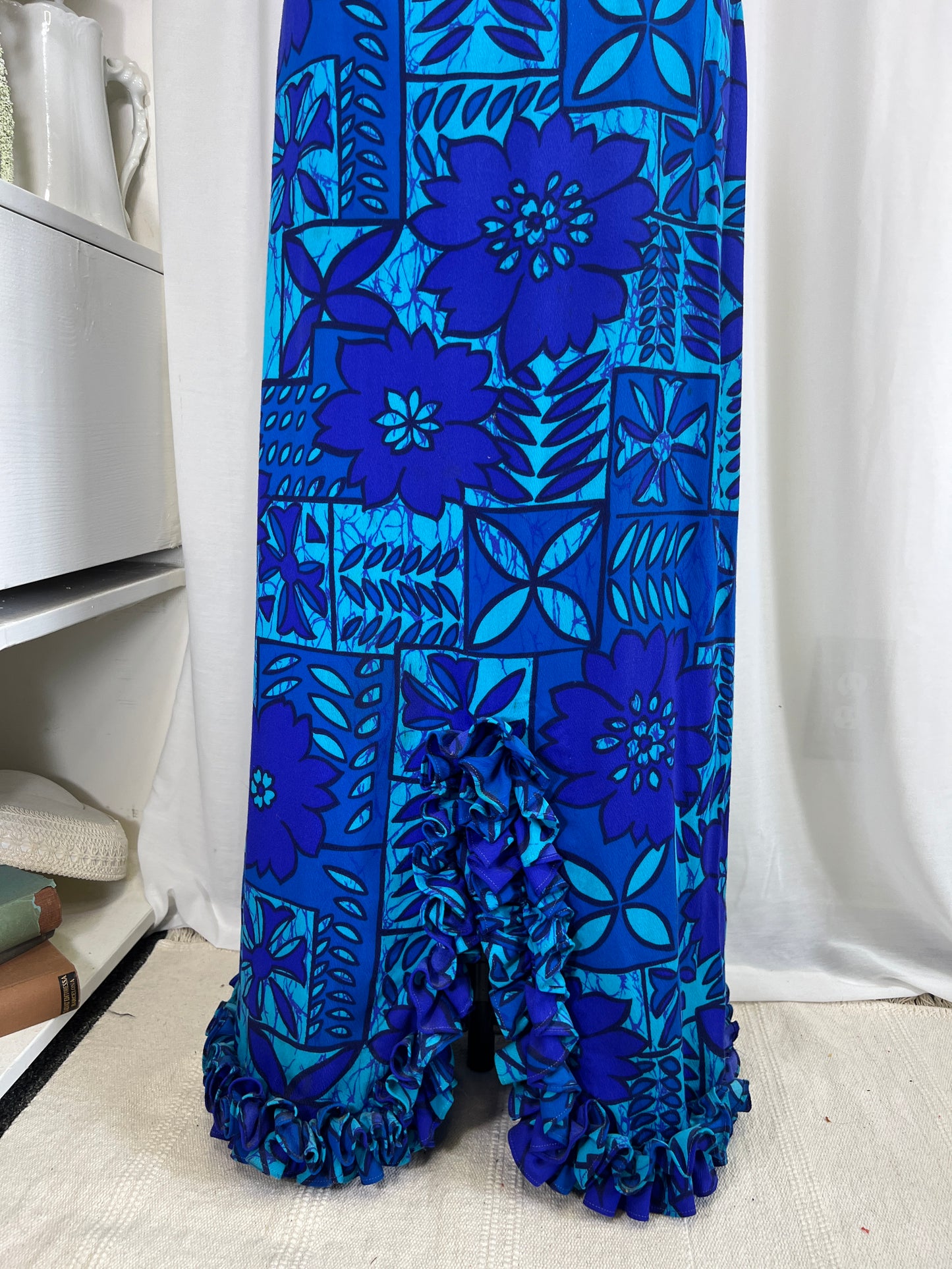 60s Blue Hawaiian Print Dress