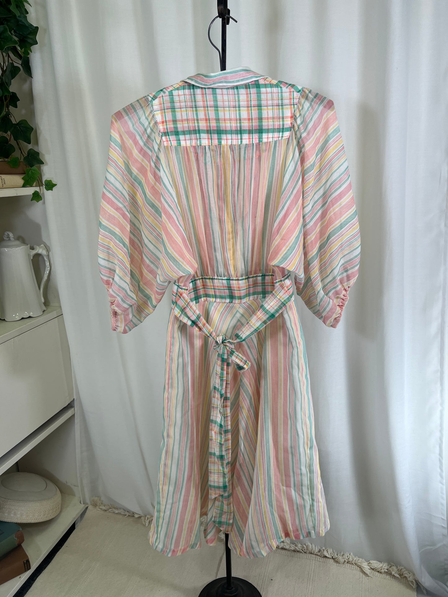 70s Pastel Stripes and Plaids Puffy Dolman Sleeve Mini Dress