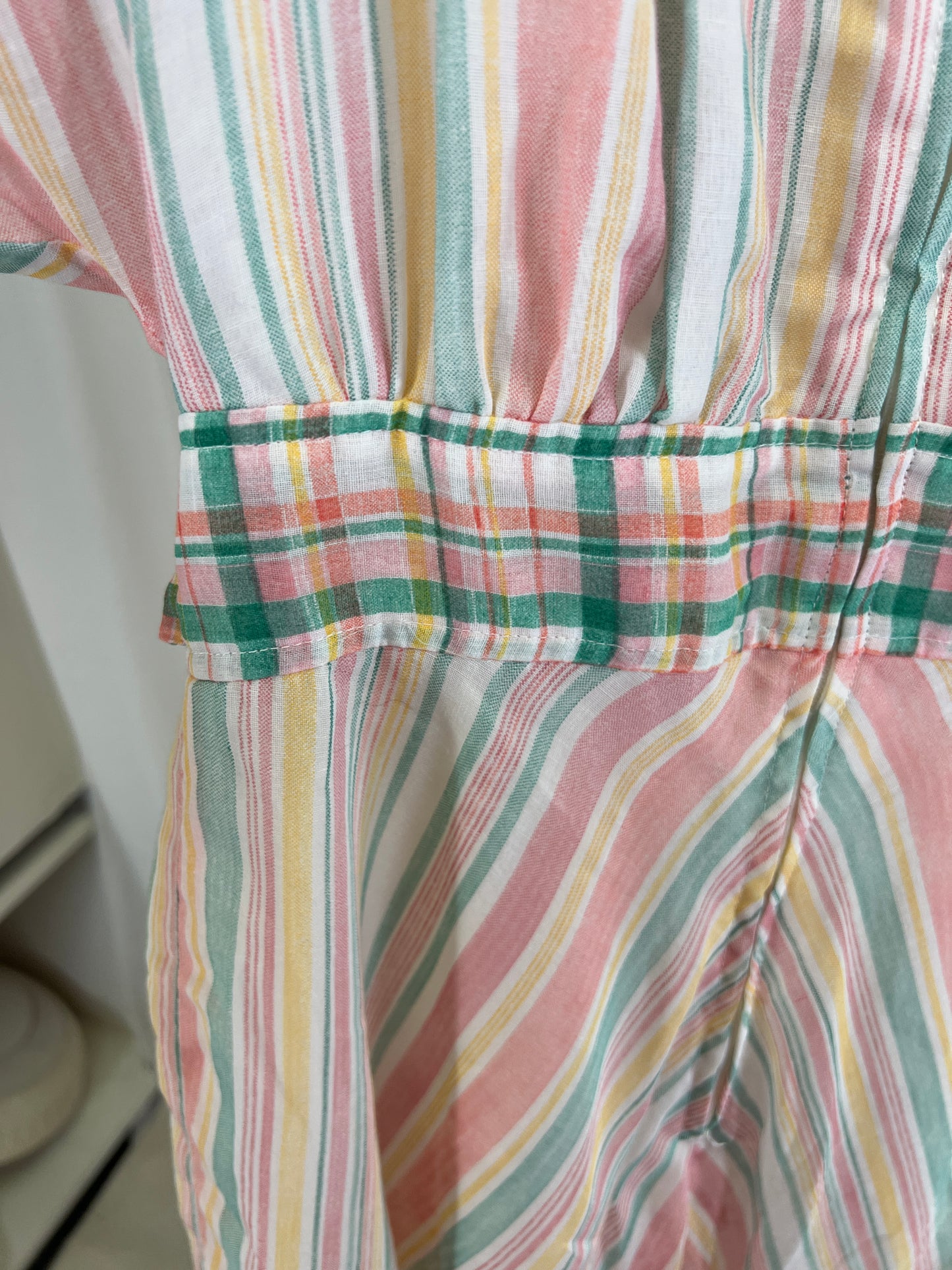 70s Pastel Stripes and Plaids Puffy Dolman Sleeve Mini Dress