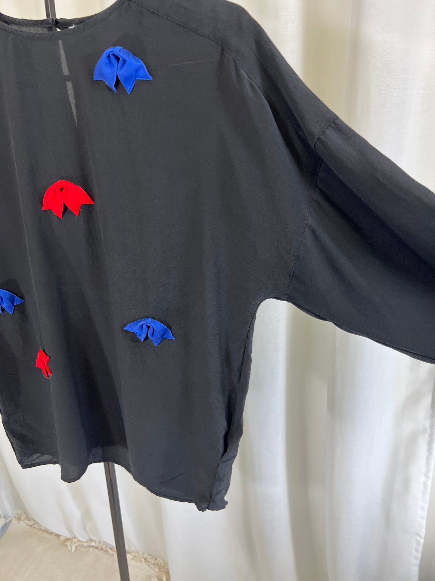 80s Silk Black Blouse with Red and Blue Bow Appliqués