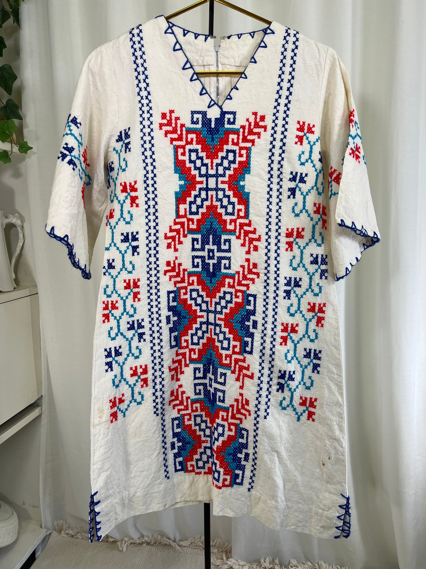60s Red White and Blue Cross-stitched Bell Sleeved Dress
