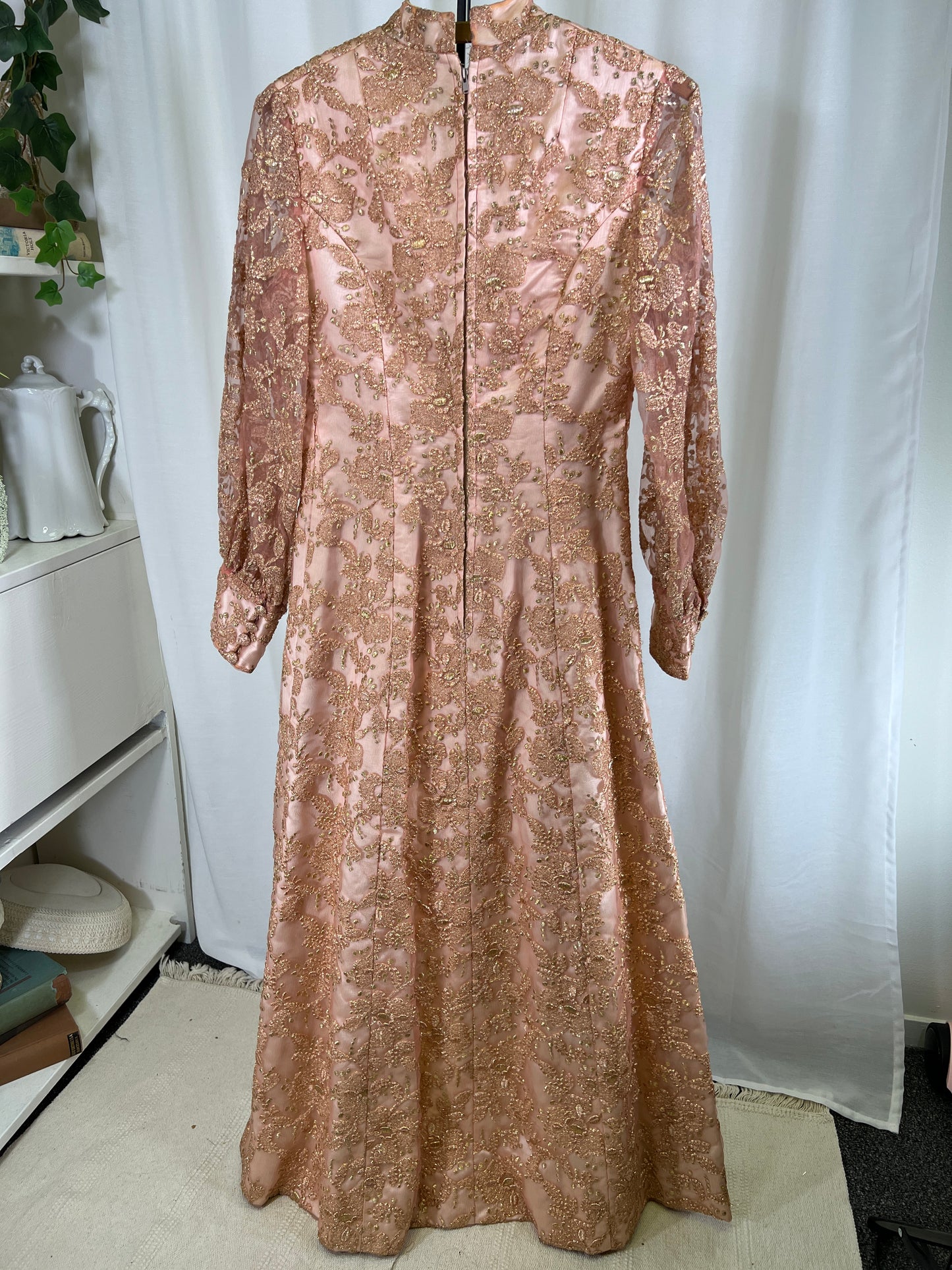 60s Handmade Pink and Gold Lamé Floral Embroidered Maxi Gown