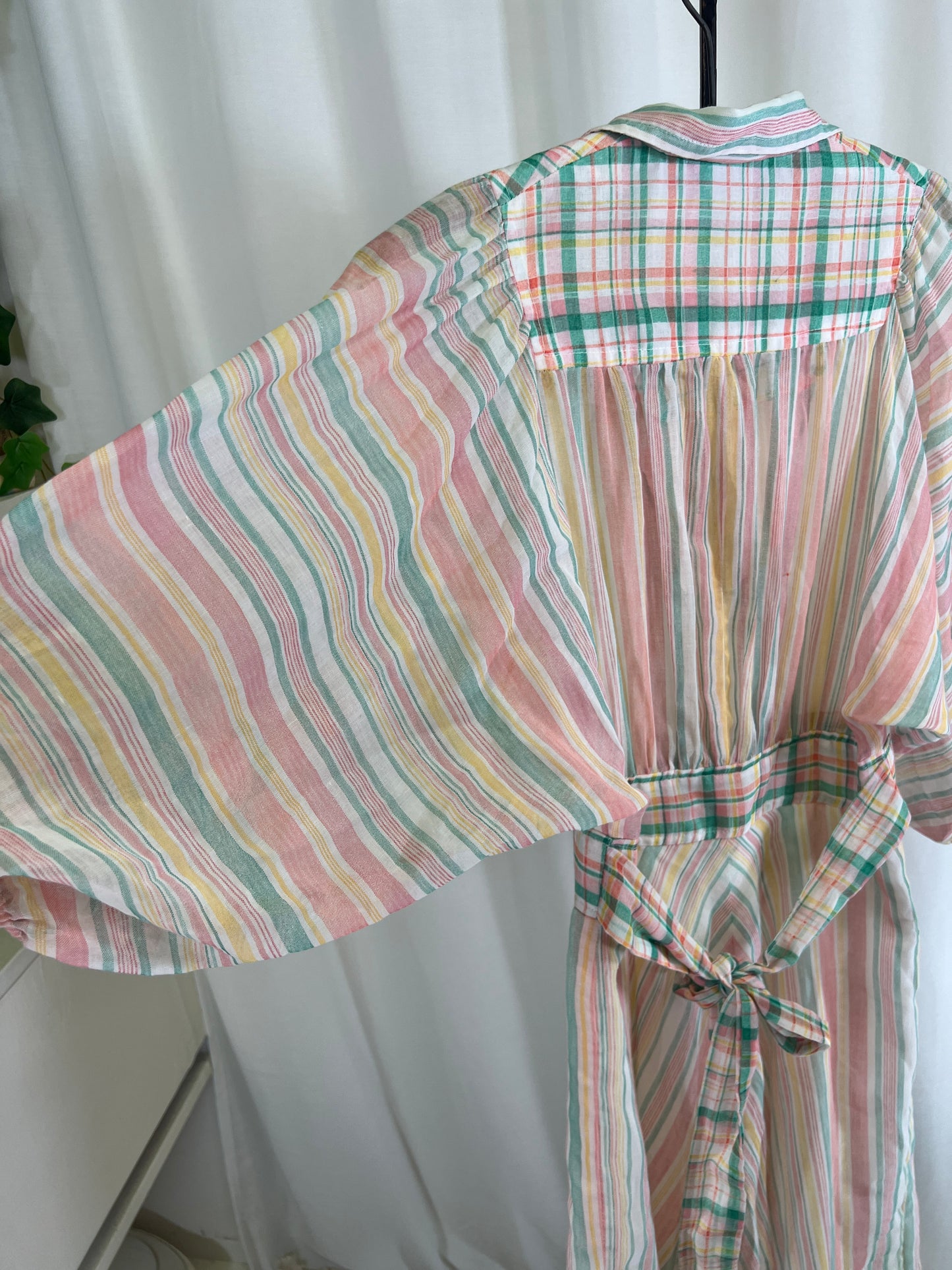 70s Pastel Stripes and Plaids Puffy Dolman Sleeve Mini Dress