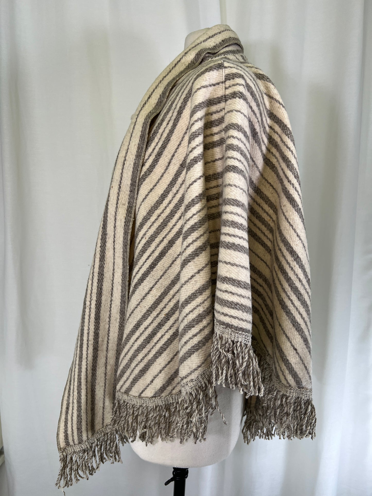 70s Cream and Grey Striped Round Wool Cape Poncho