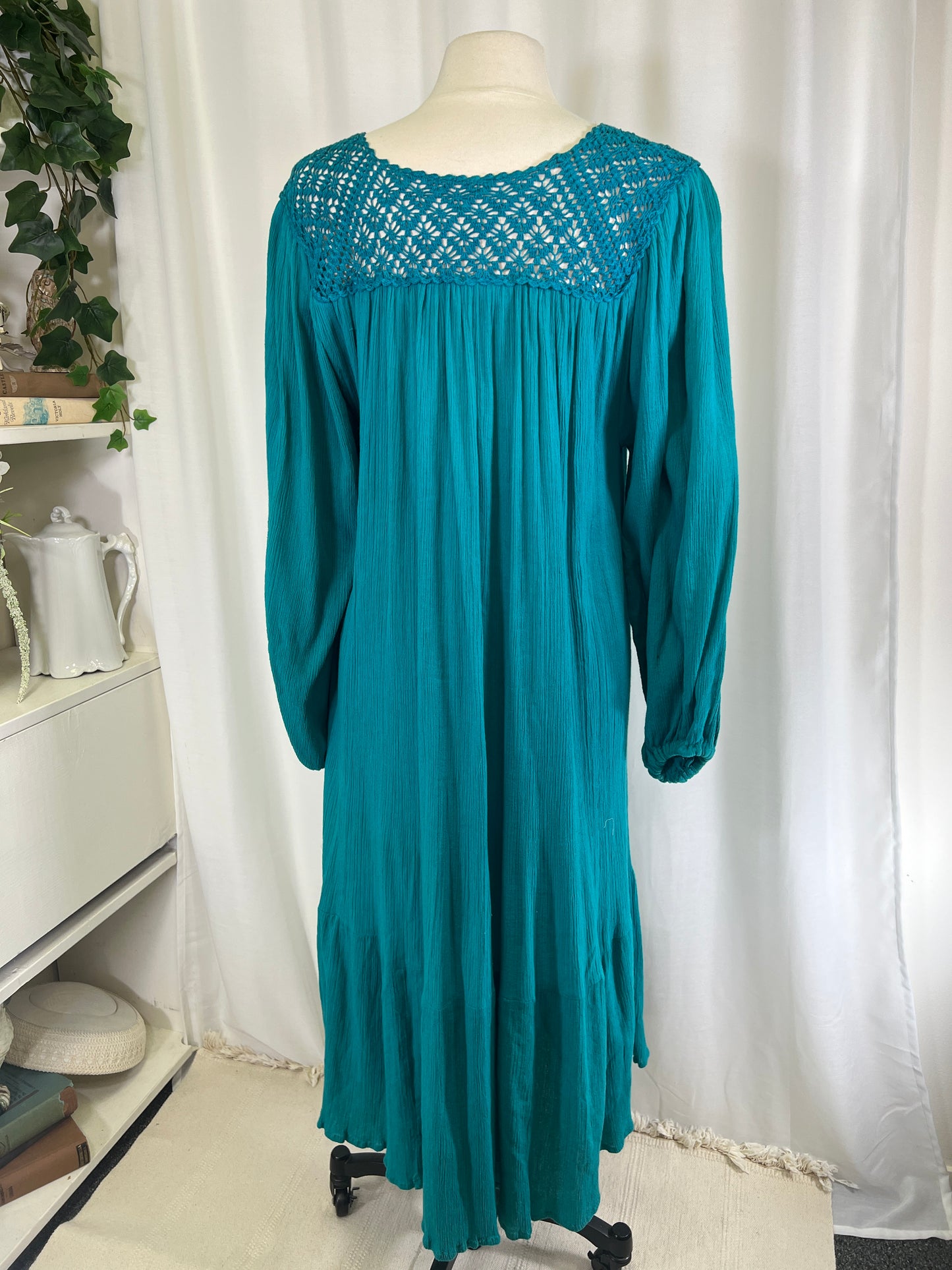 70s Teal Bila Crochet Top Cotton Gauze Maxi Dress