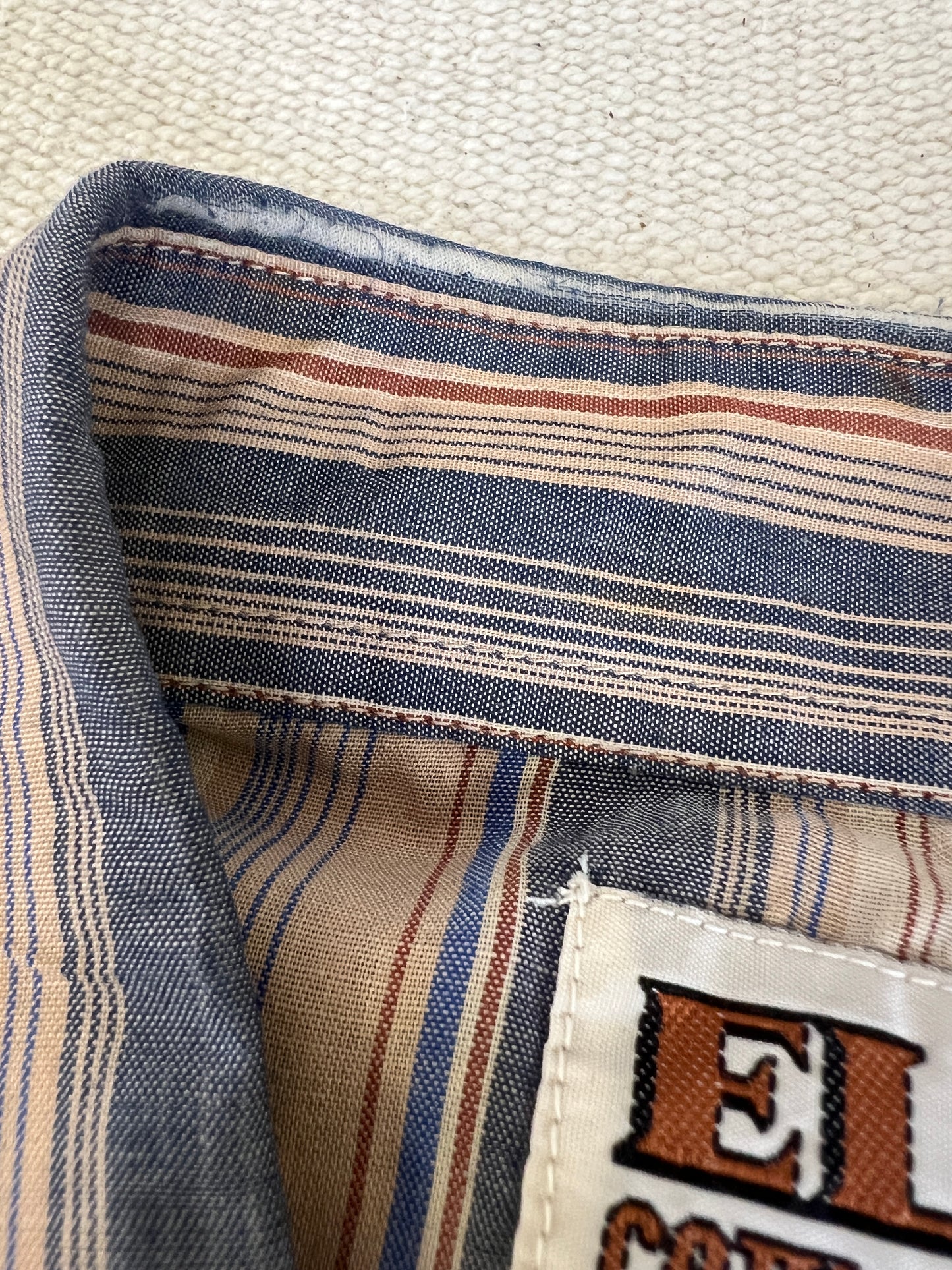 80s Ely Cattleman Brown and Blue Striped Pearl Snap Western Shirt