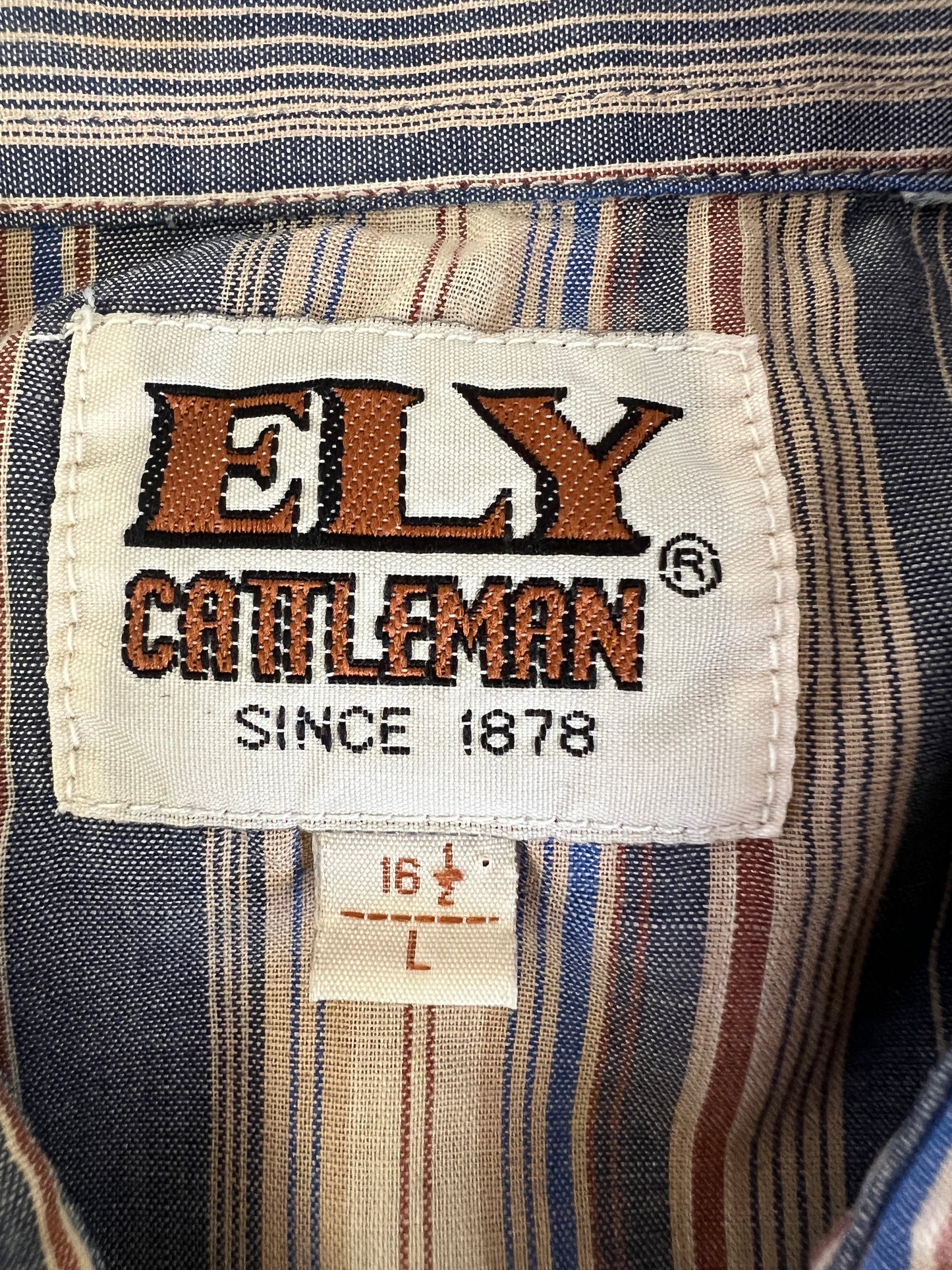 80s Ely Cattleman Brown and Blue Striped Pearl Snap Western Shirt