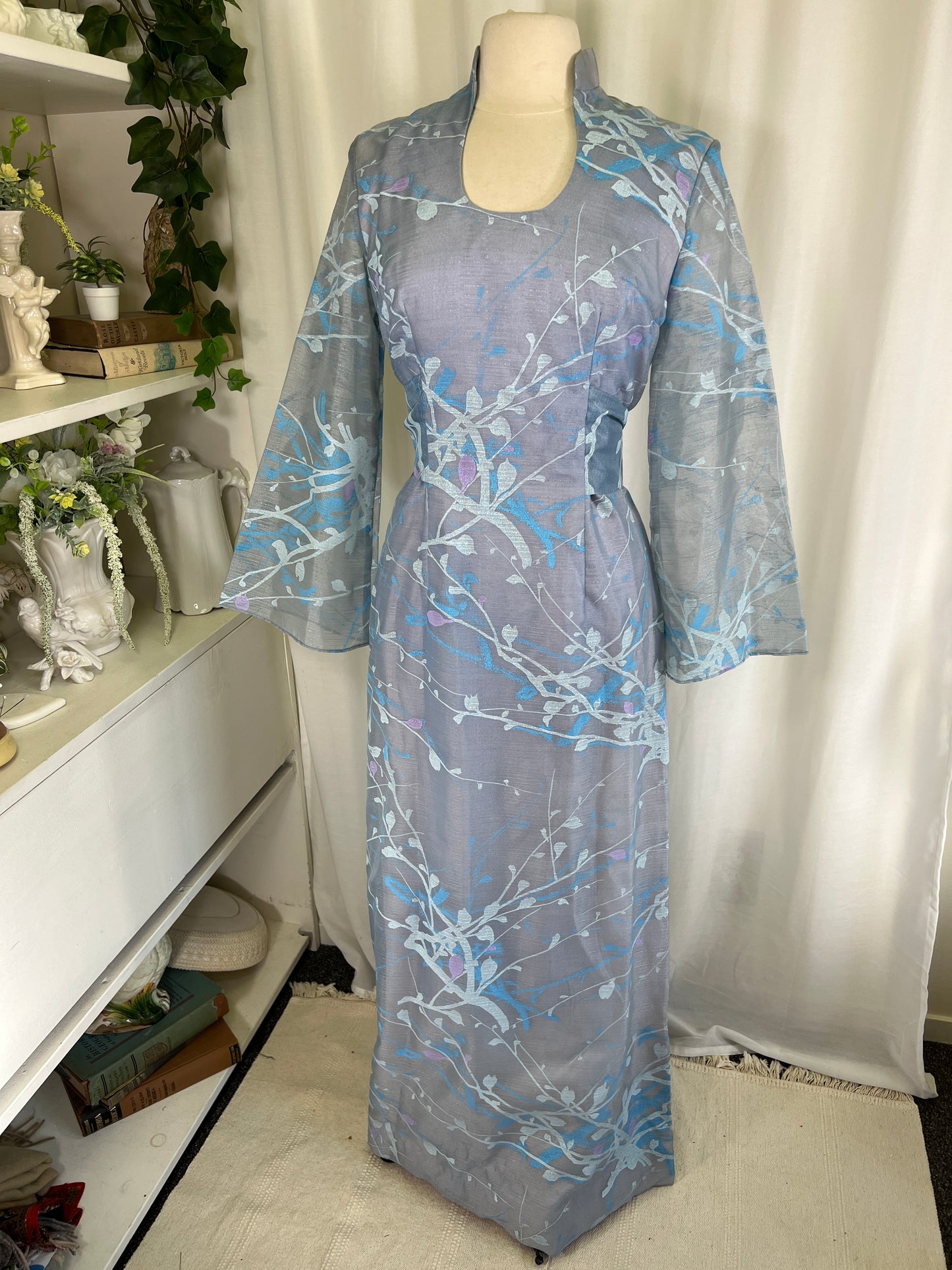 70s Alfred Shaheen Blue Abstract Kimono Dress