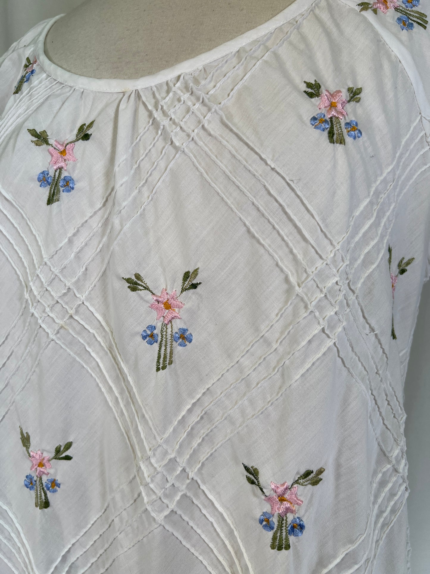 70s Floral Embroidery and Pintucks White Sundress