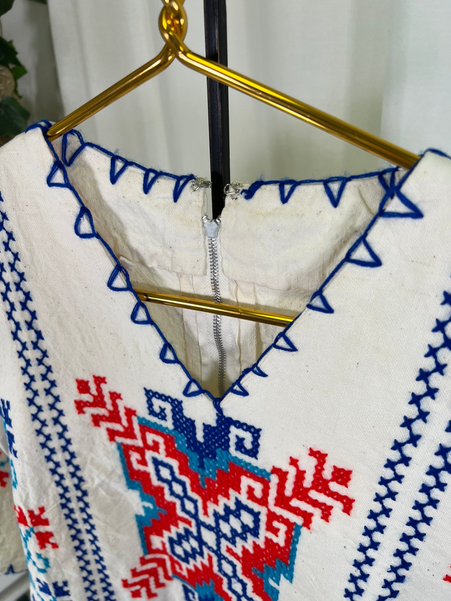 60s Red White and Blue Cross-stitched Bell Sleeved Dress