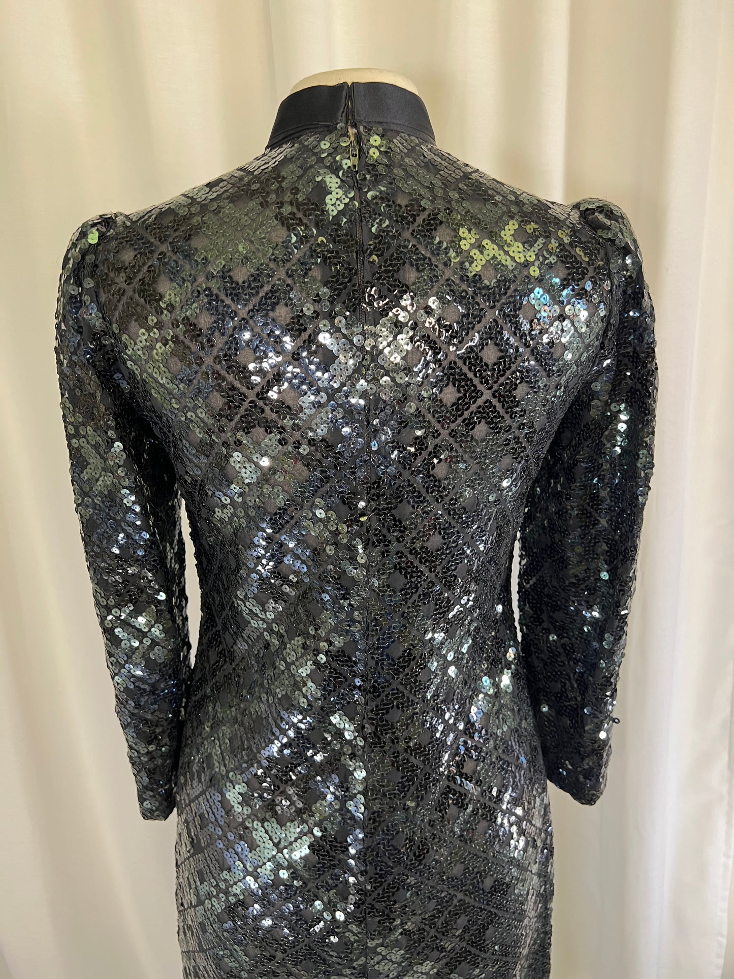 70s Amelia Gray Black Sequined Sheer Bow Neck Midi Dress