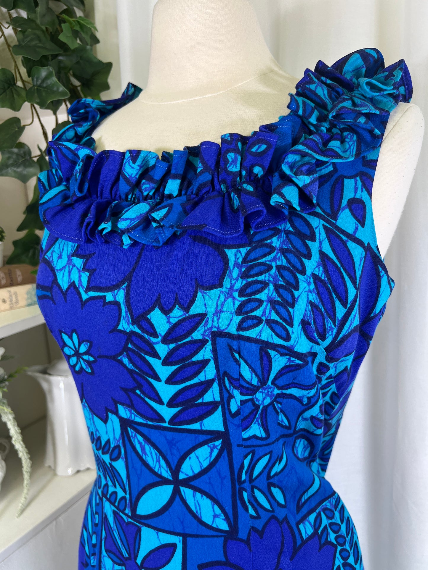 60s Blue Hawaiian Print Dress