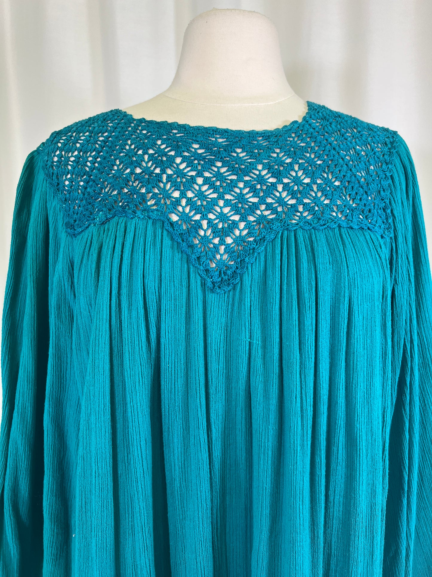 70s Teal Bila Crochet Top Cotton Gauze Maxi Dress