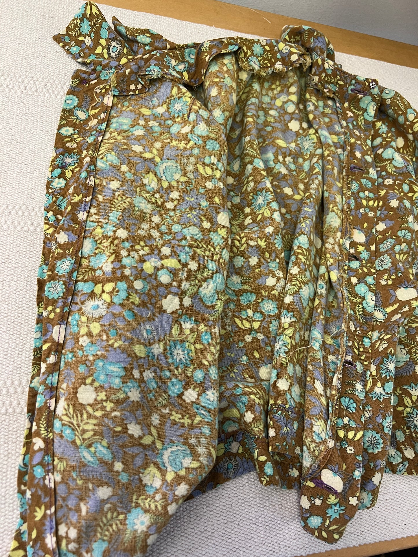 60s Moss Green Ditzy Floral Ruffle Neck Blouse