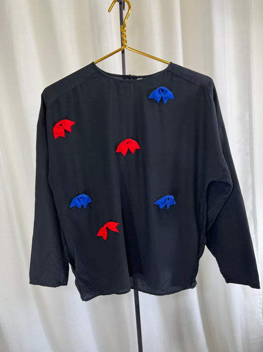 80s Silk Black Blouse with Red and Blue Bow Appliqués