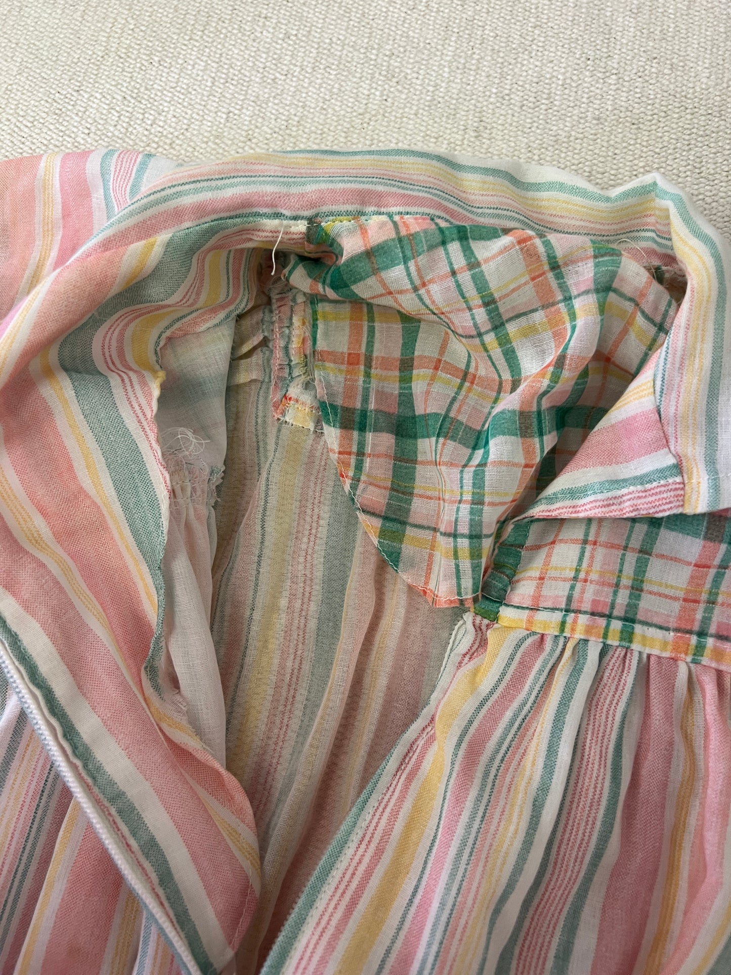 70s Pastel Stripes and Plaids Puffy Dolman Sleeve Mini Dress