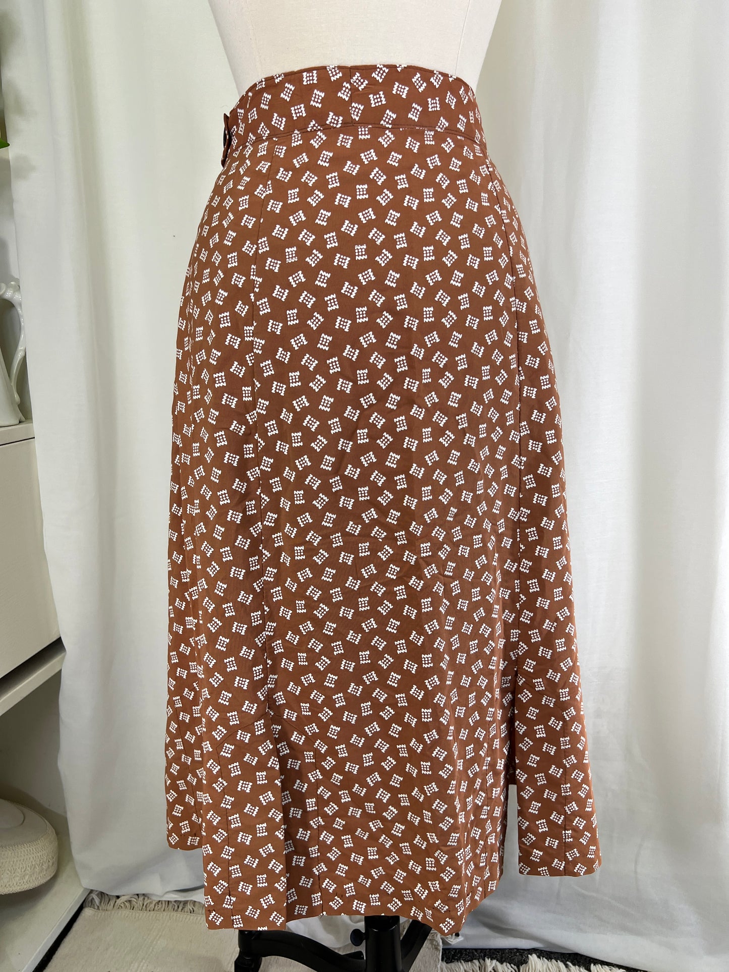 40s Novelty Print Brown and White Slit Hem Skirt