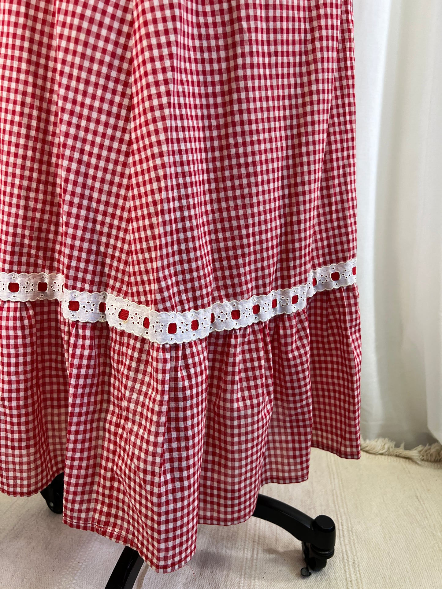 70s Red Gingham and Bows Maxi Skirt