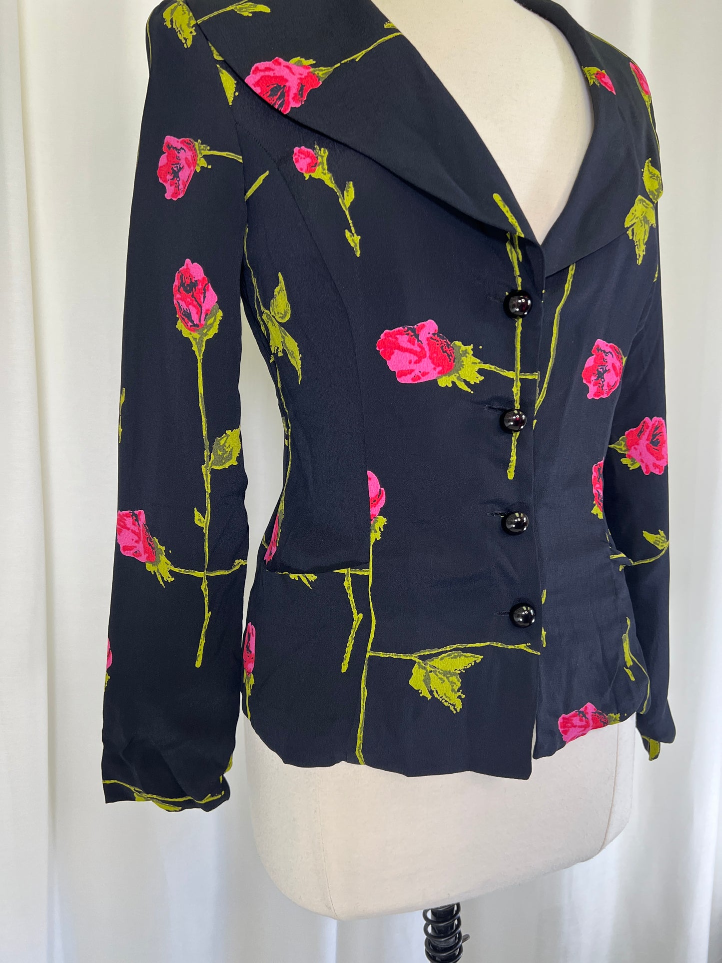 90s Betsey Johnson Long Stem Red Roses Print Mini Dress and Jacket Set