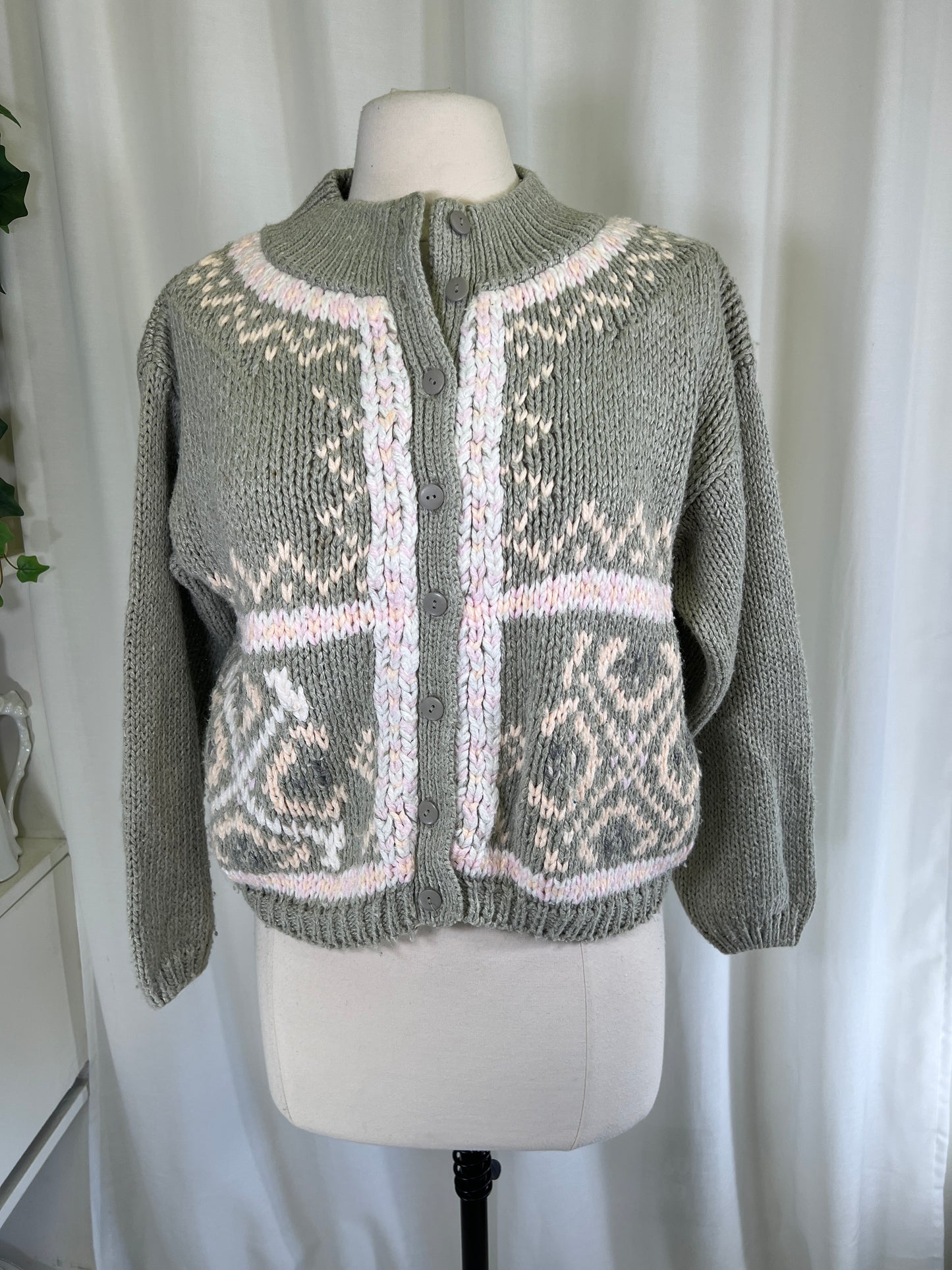 80s Jamie Scott Hand Knit Pink and Grey Cardigan