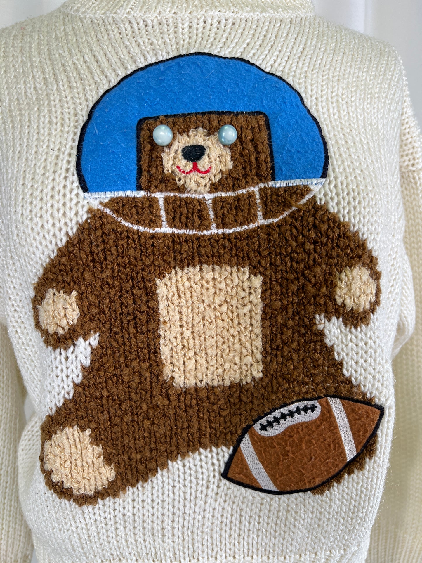 90s Doubloons Football Teddybear Knit Cream Sweater