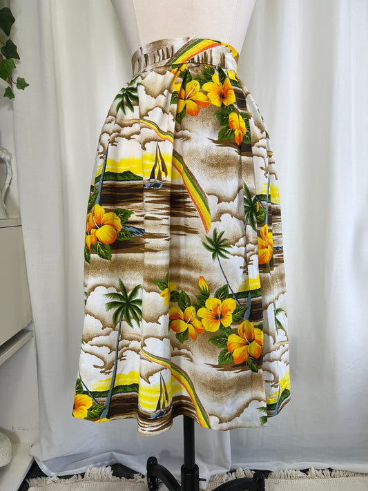 70s Hawaiian Print Sailboats and Rainbows Wrap Skirt