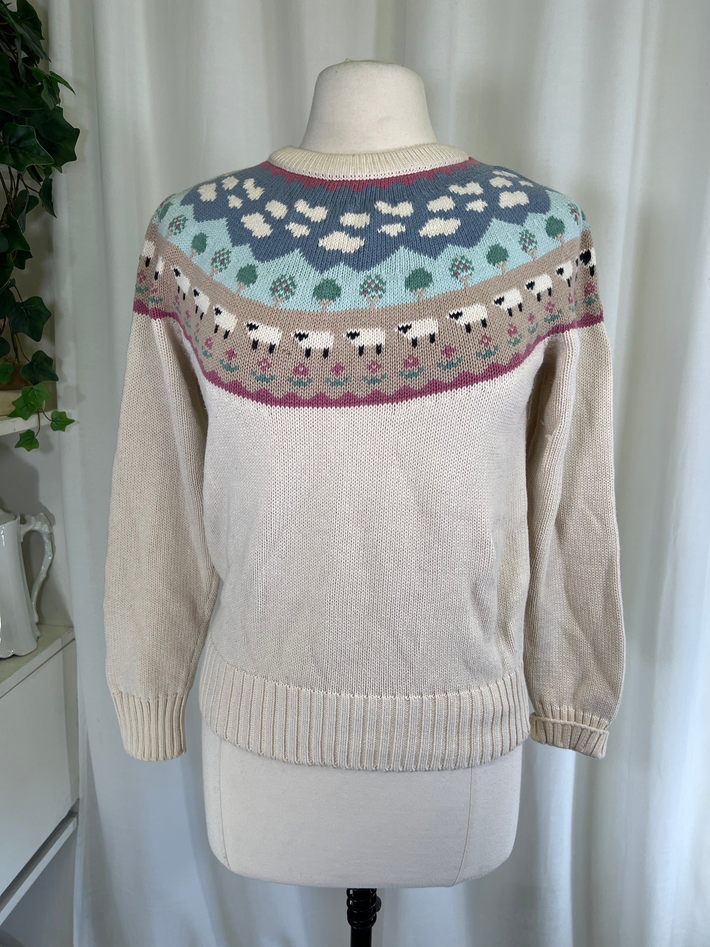 90s Eddie Bauer Sheep and Trees patterned Cream Sweater