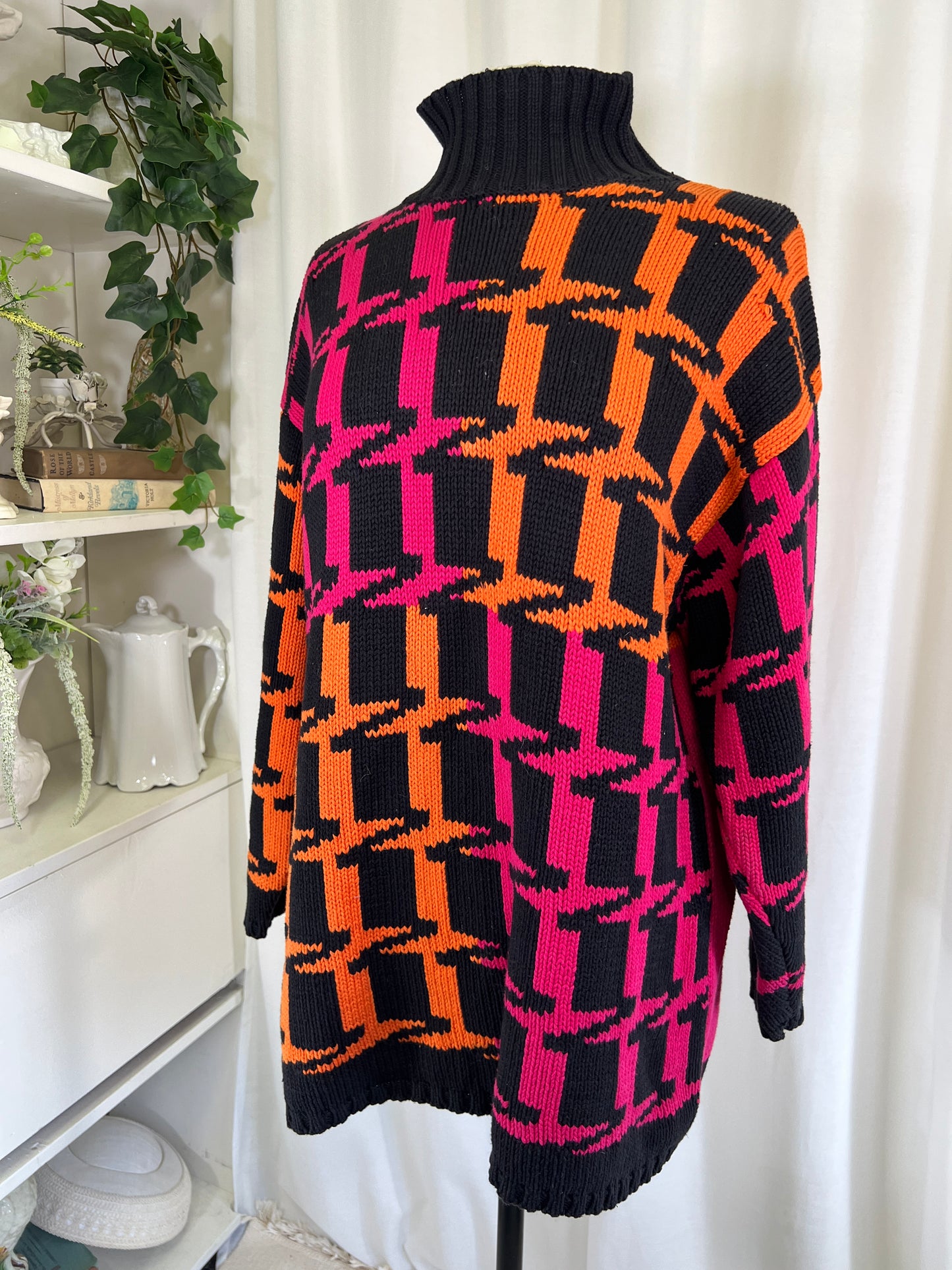 80s New Frontier Neon Orange and Pink Alternating Houndstooth Sweater