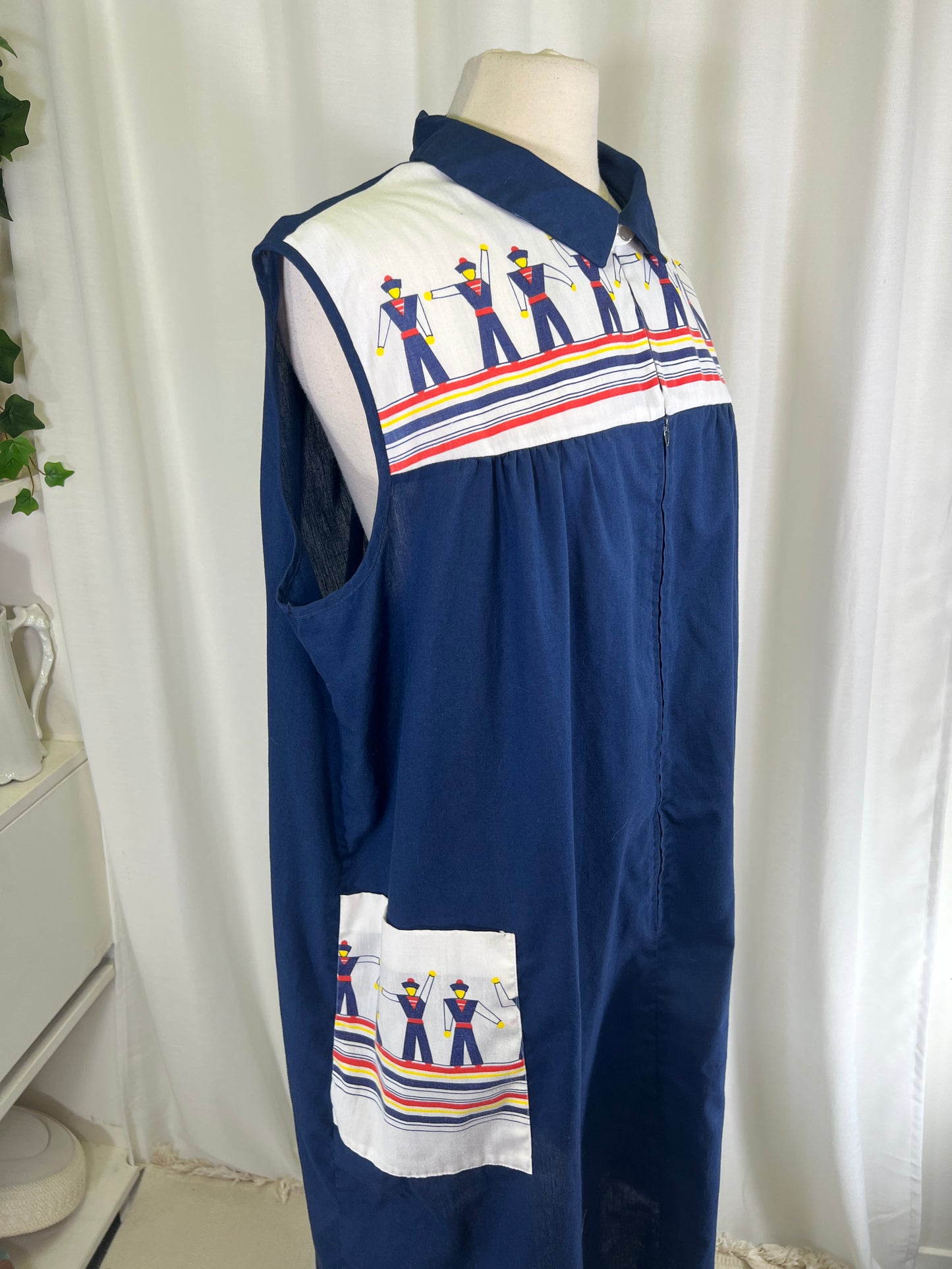 70s Navy Blue Sailor Print Zipper Front House Dress