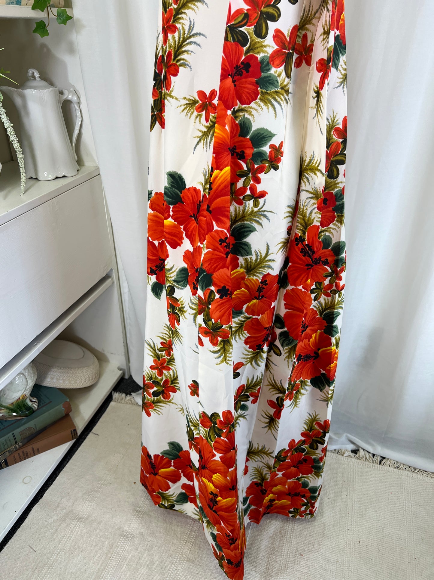 60s Darina Hawaiian Print Train Back Maxi Dress